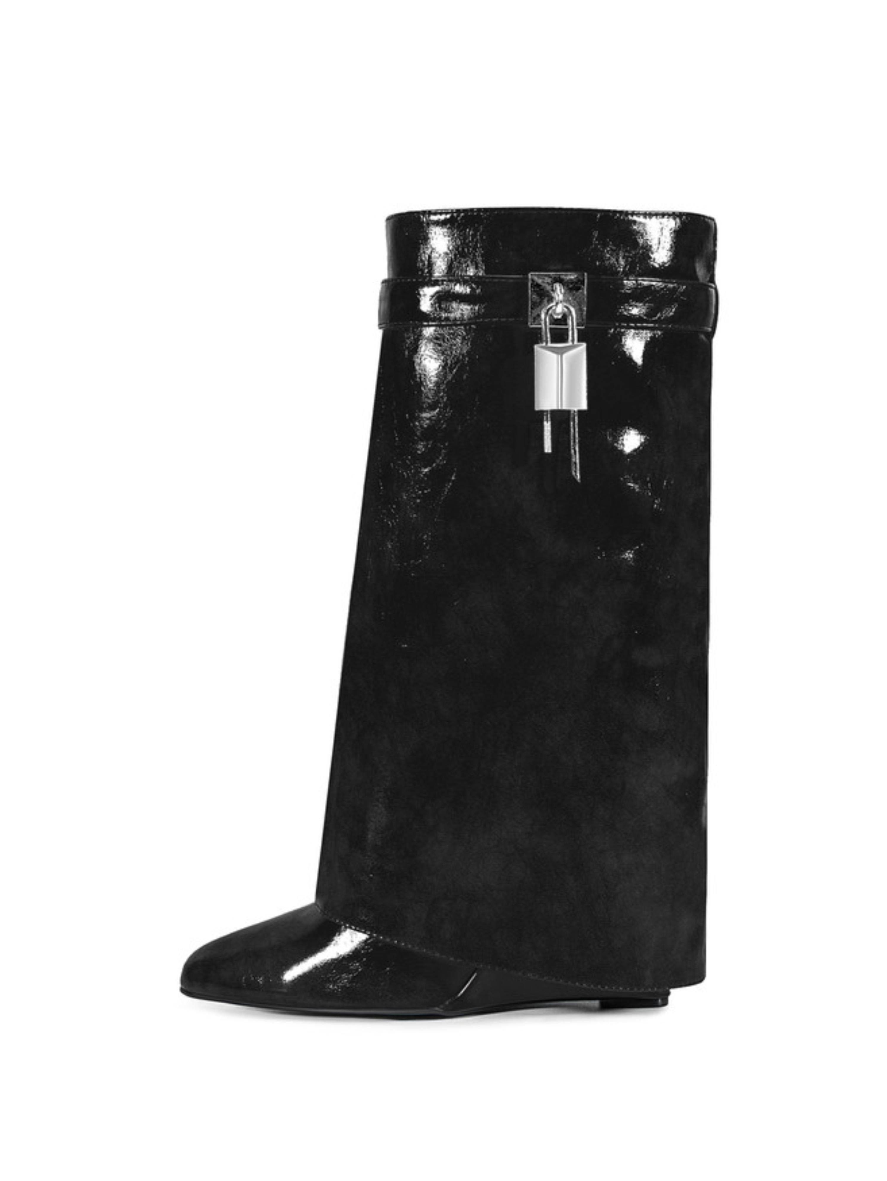 Black Wedge Heel Mid-Calf Lock Fold Over Boots