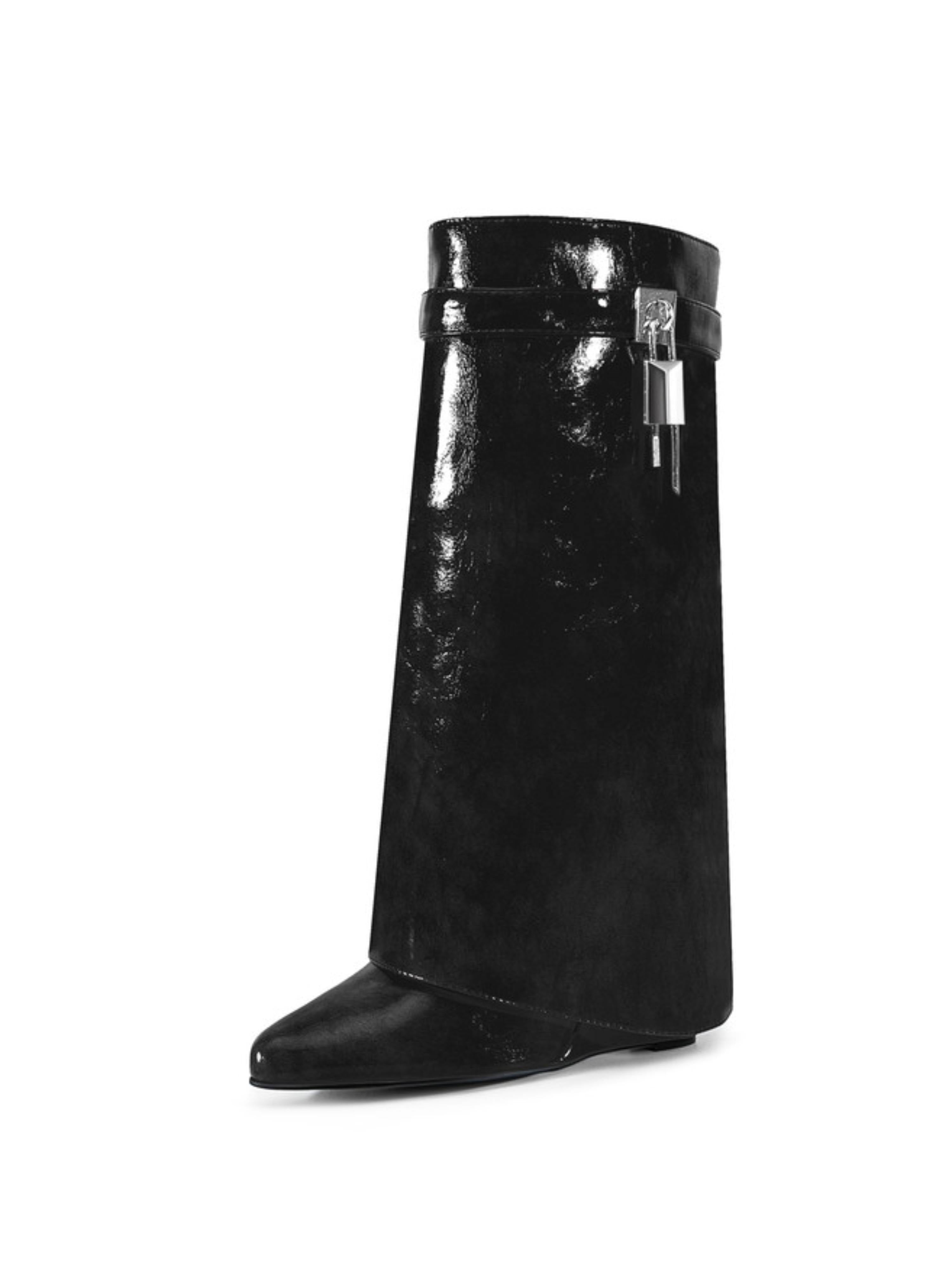 Black Wedge Heel Mid-Calf Lock Fold Over Boots