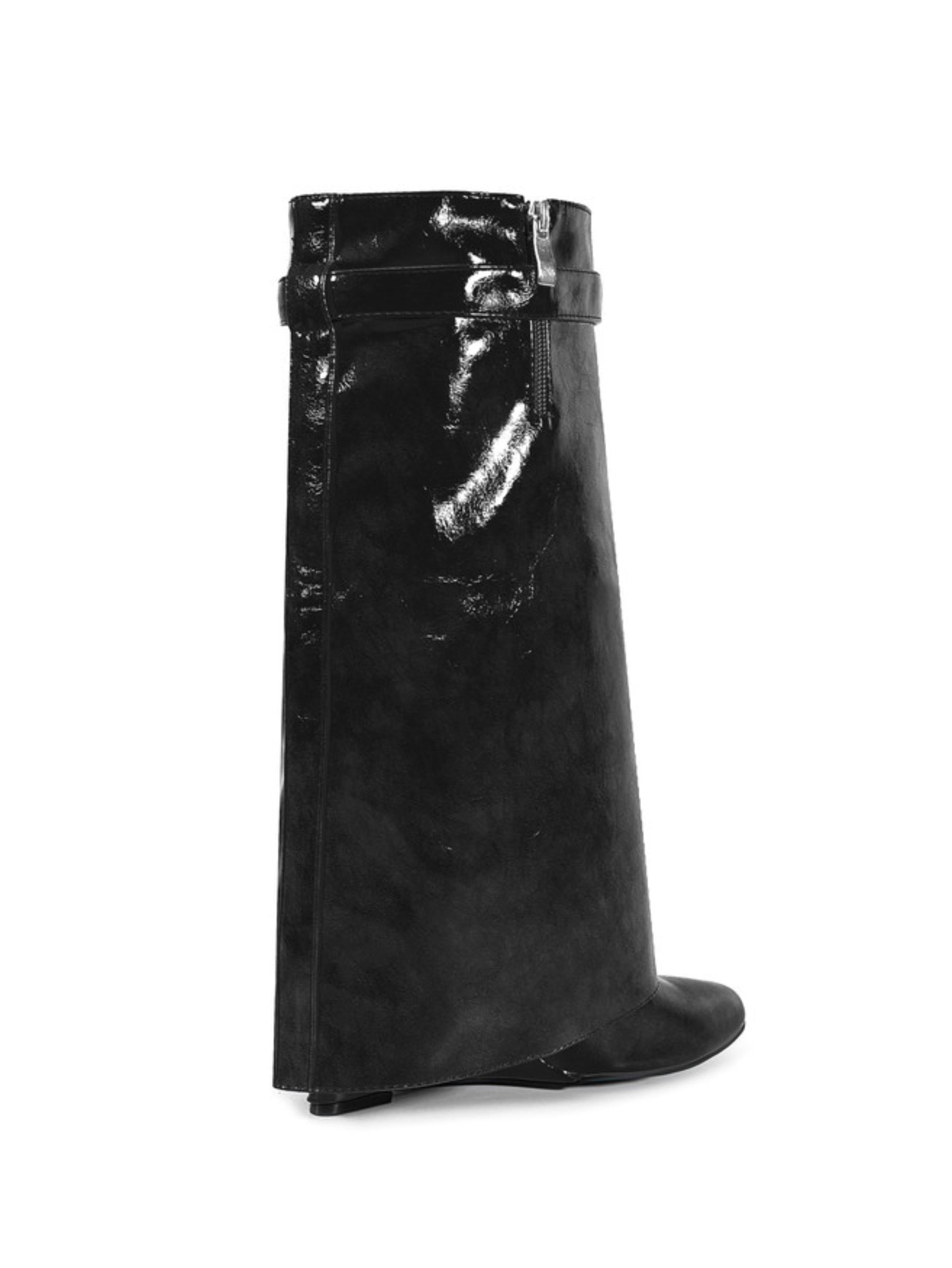 Black Wedge Heel Mid-Calf Lock Fold Over Boots