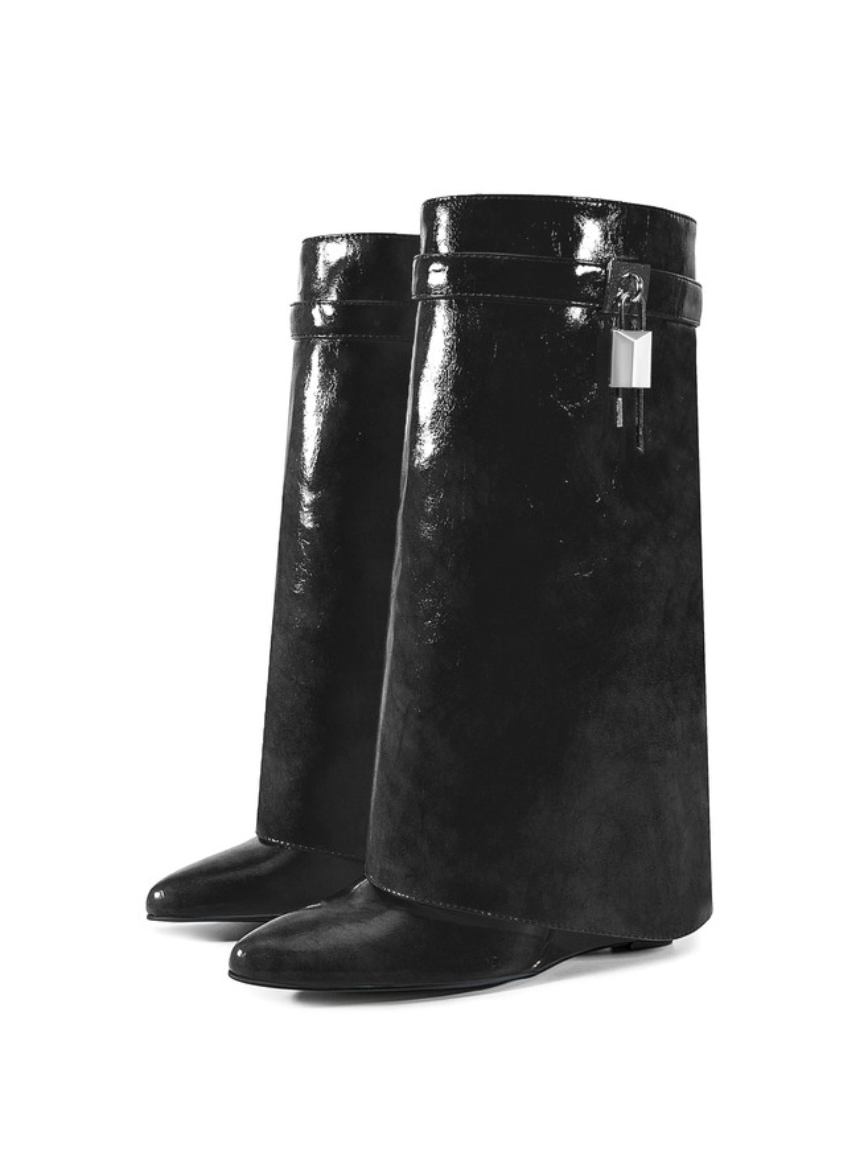 Black Wedge Heel Mid-Calf Lock Fold Over Boots