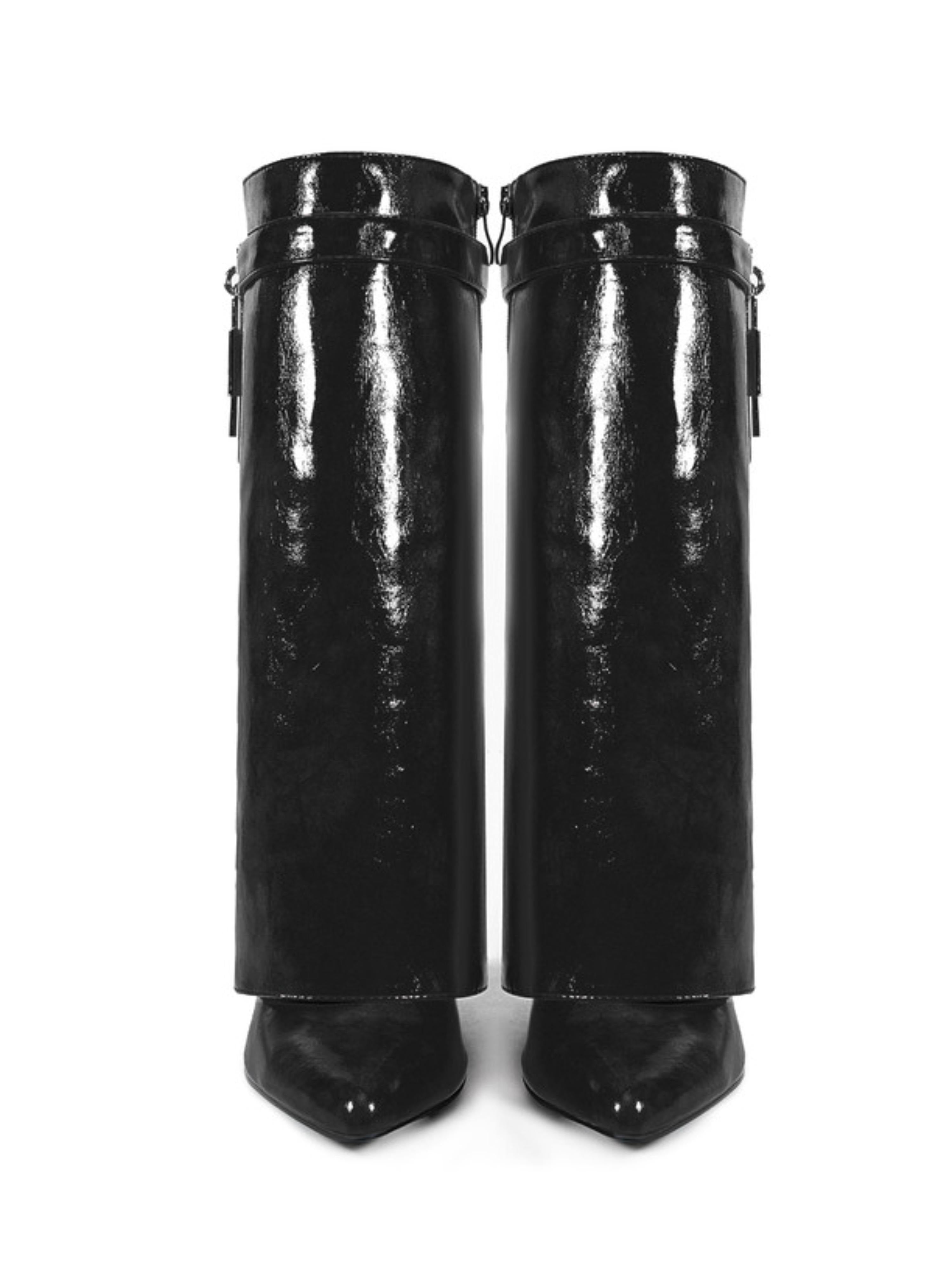 Black Wedge Heel Mid-Calf Lock Fold Over Boots