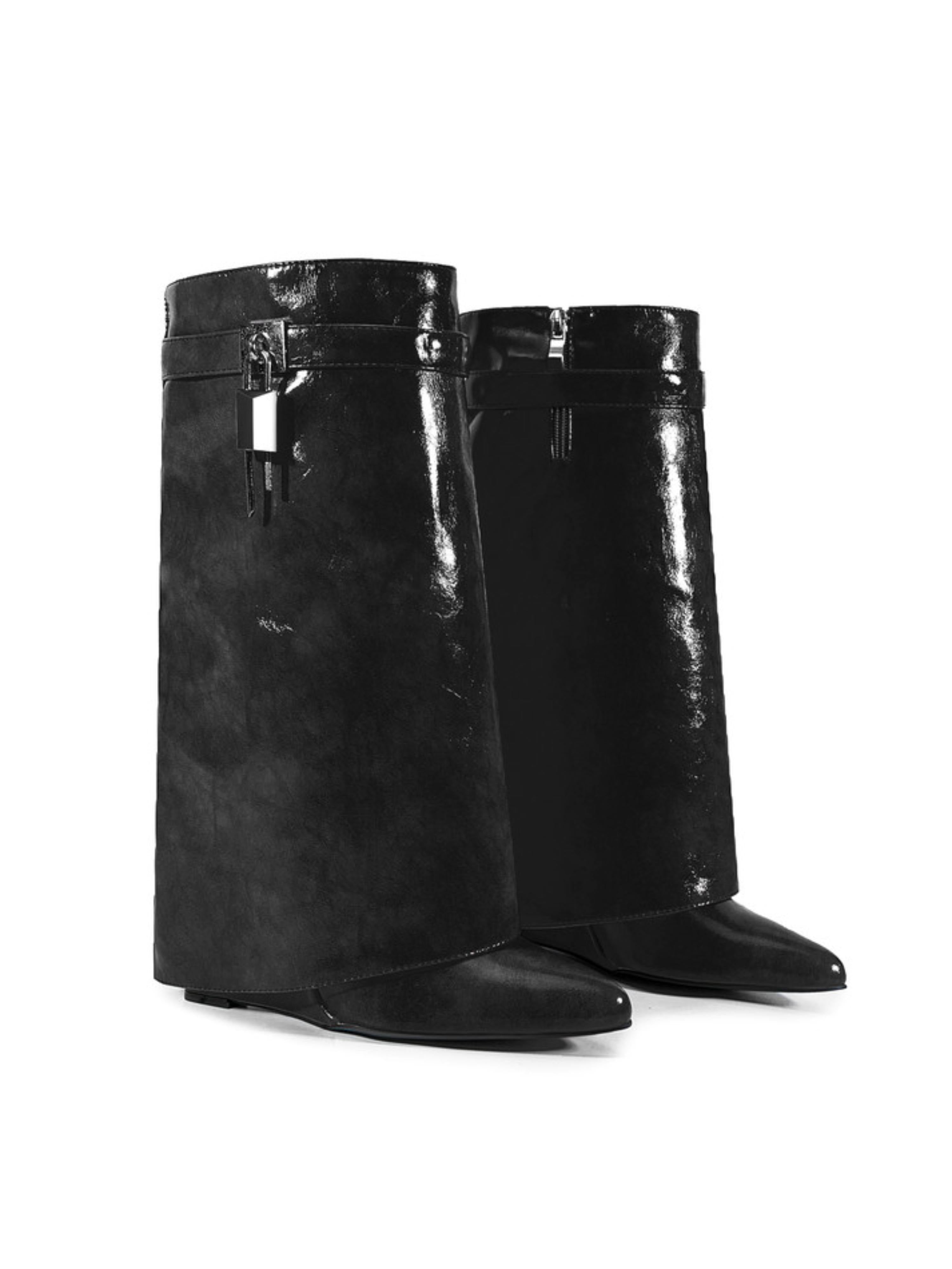 Black Wedge Heel Mid-Calf Lock Fold Over Boots