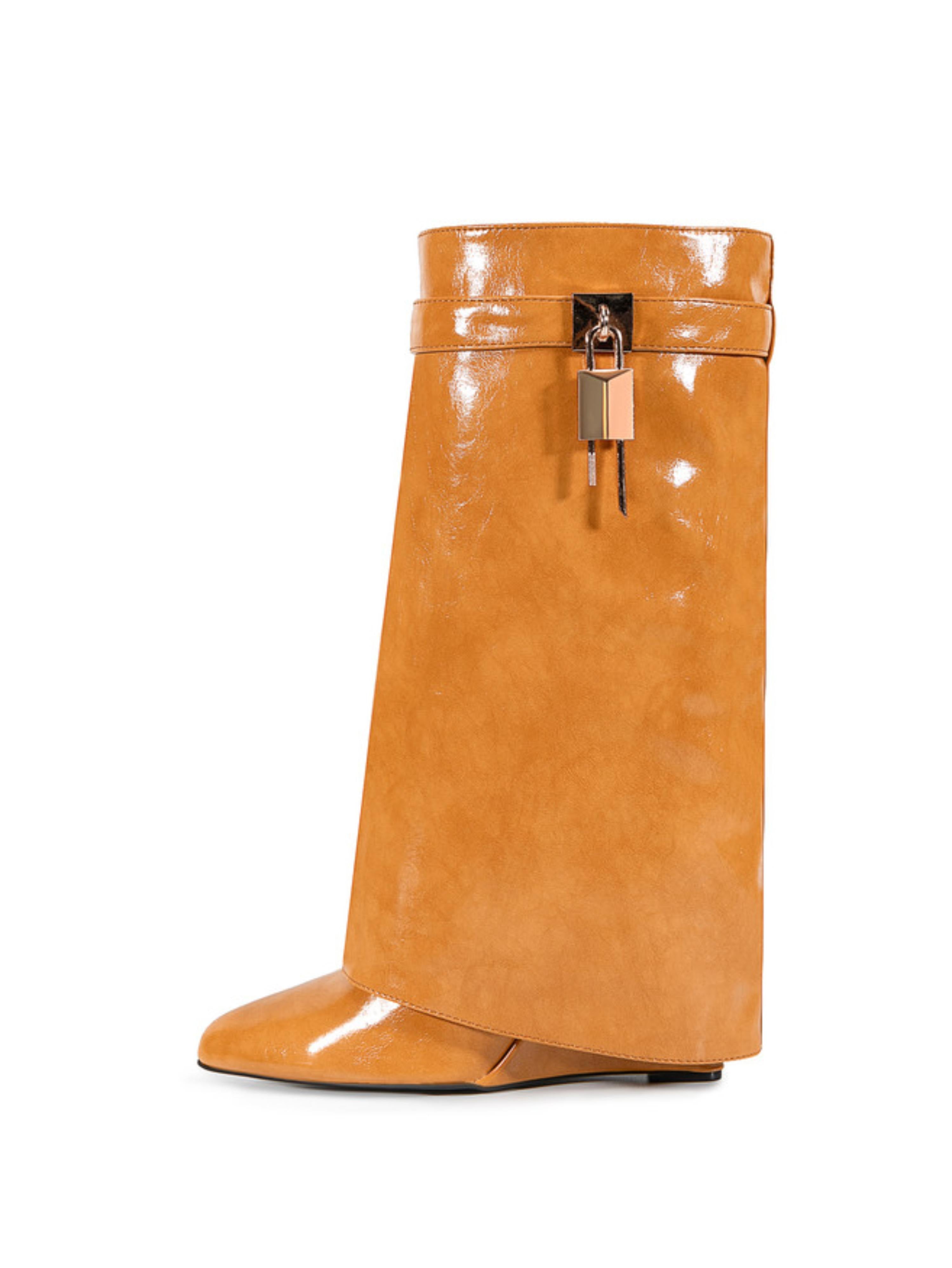 Caramel-Toned Tan Mid-Calf Wedge Boots