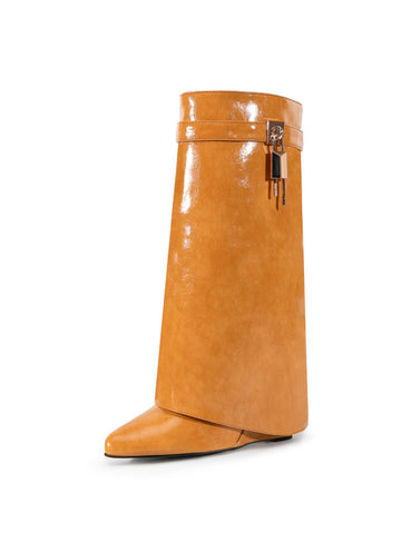 Caramel-Toned Tan Mid-Calf Wedge Boots