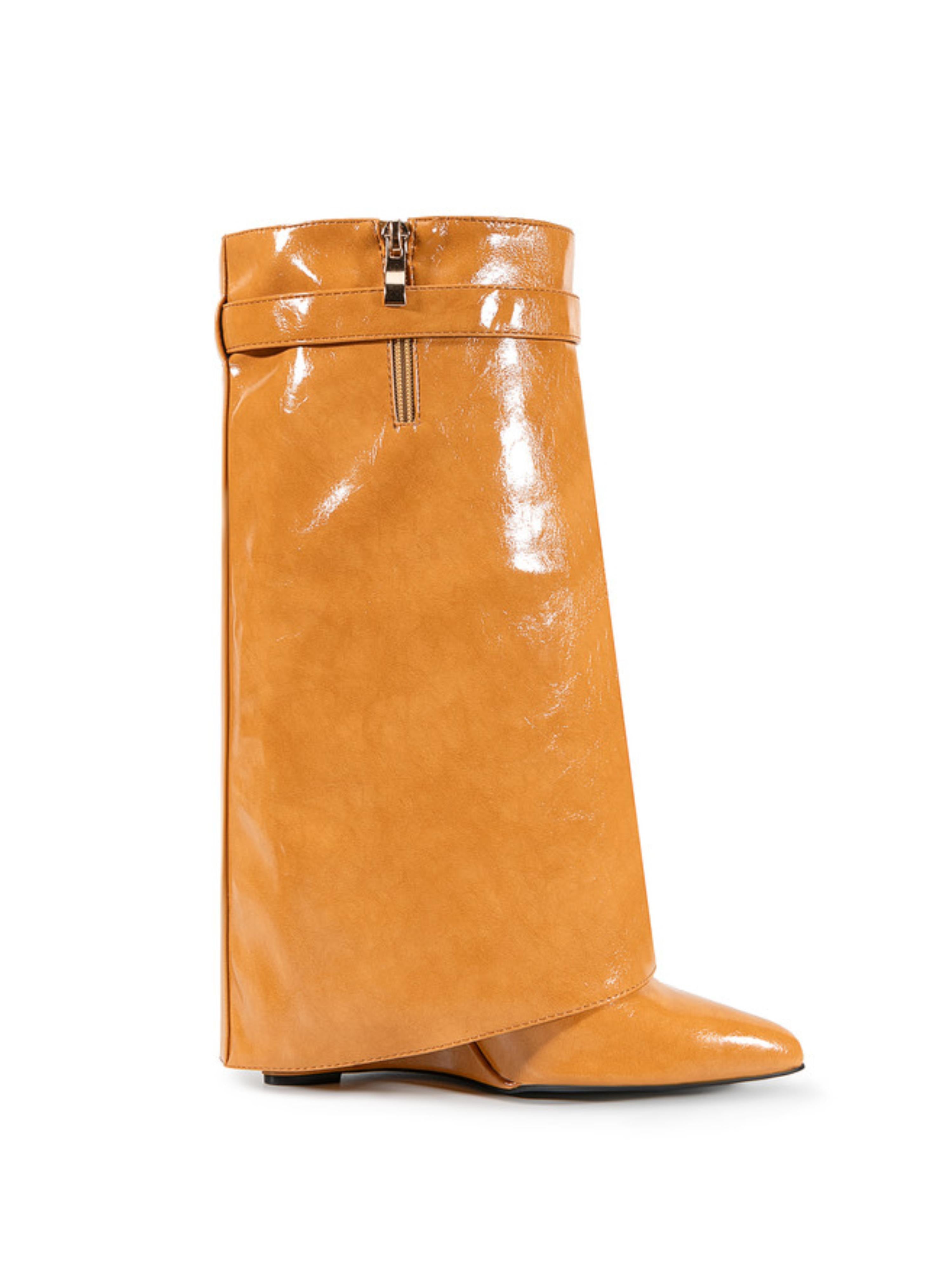 Caramel-Toned Tan Mid-Calf Wedge Boots