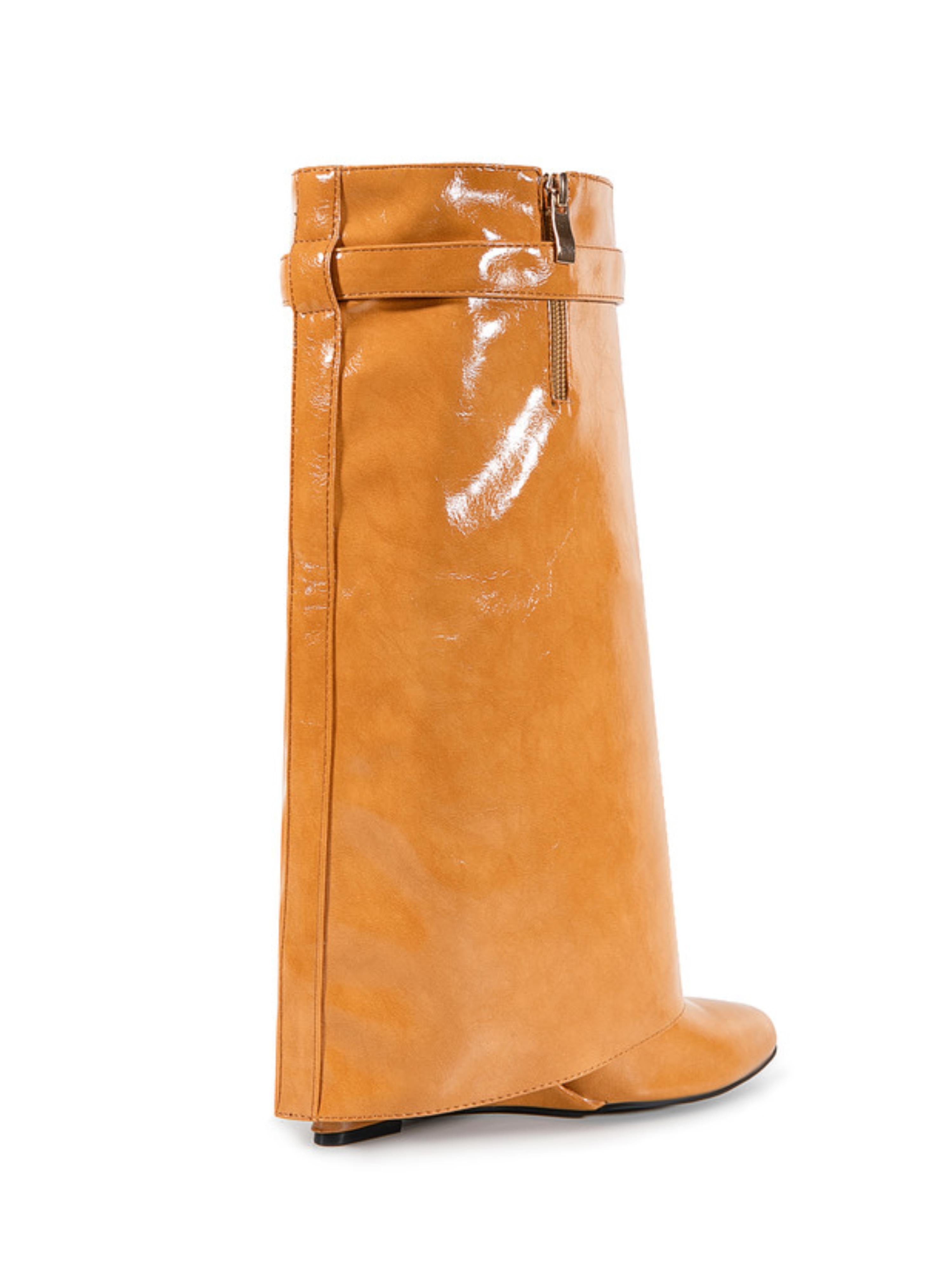 Caramel-Toned Tan Mid-Calf Wedge Boots