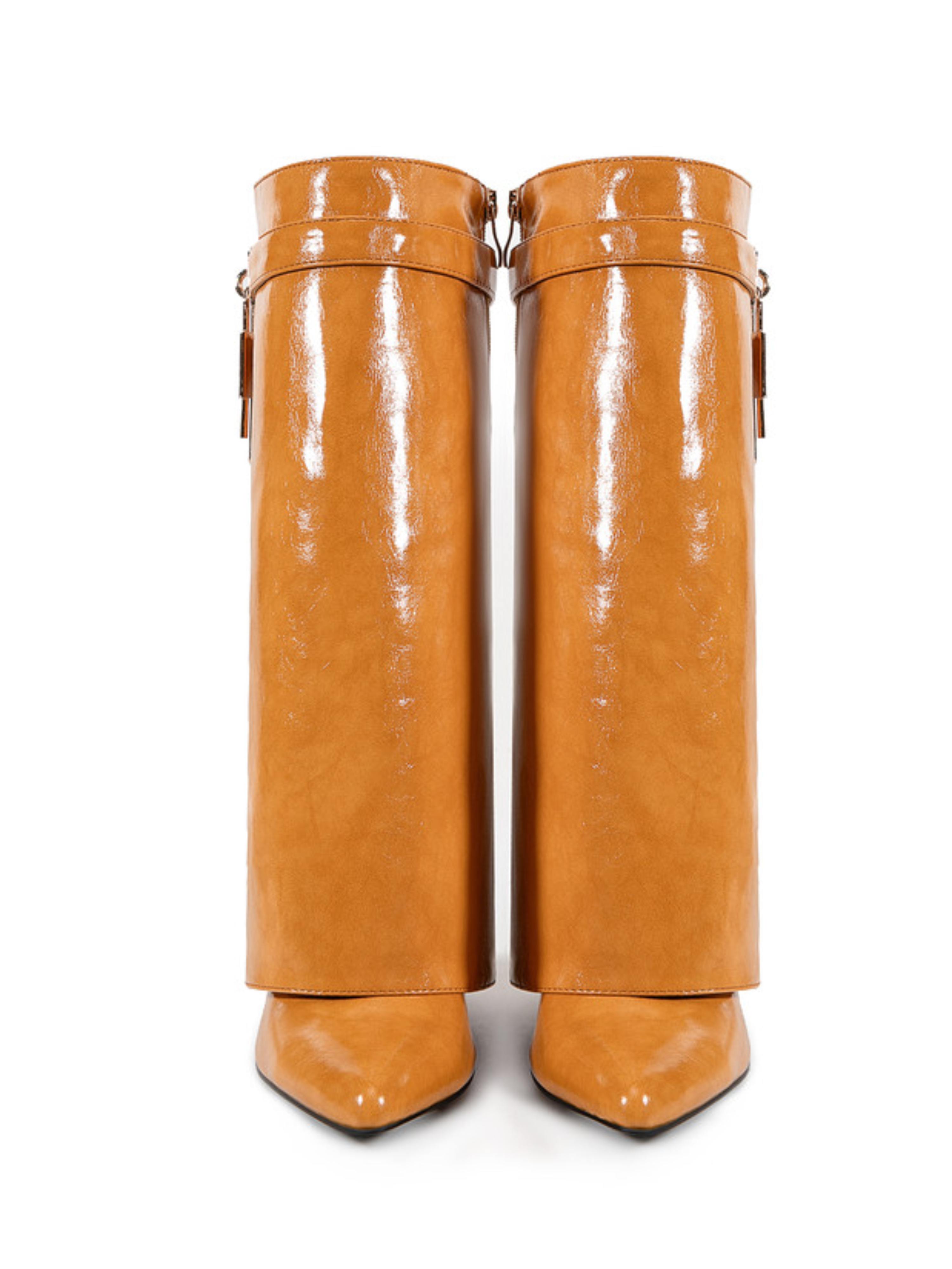 Caramel-Toned Tan Mid-Calf Wedge Boots