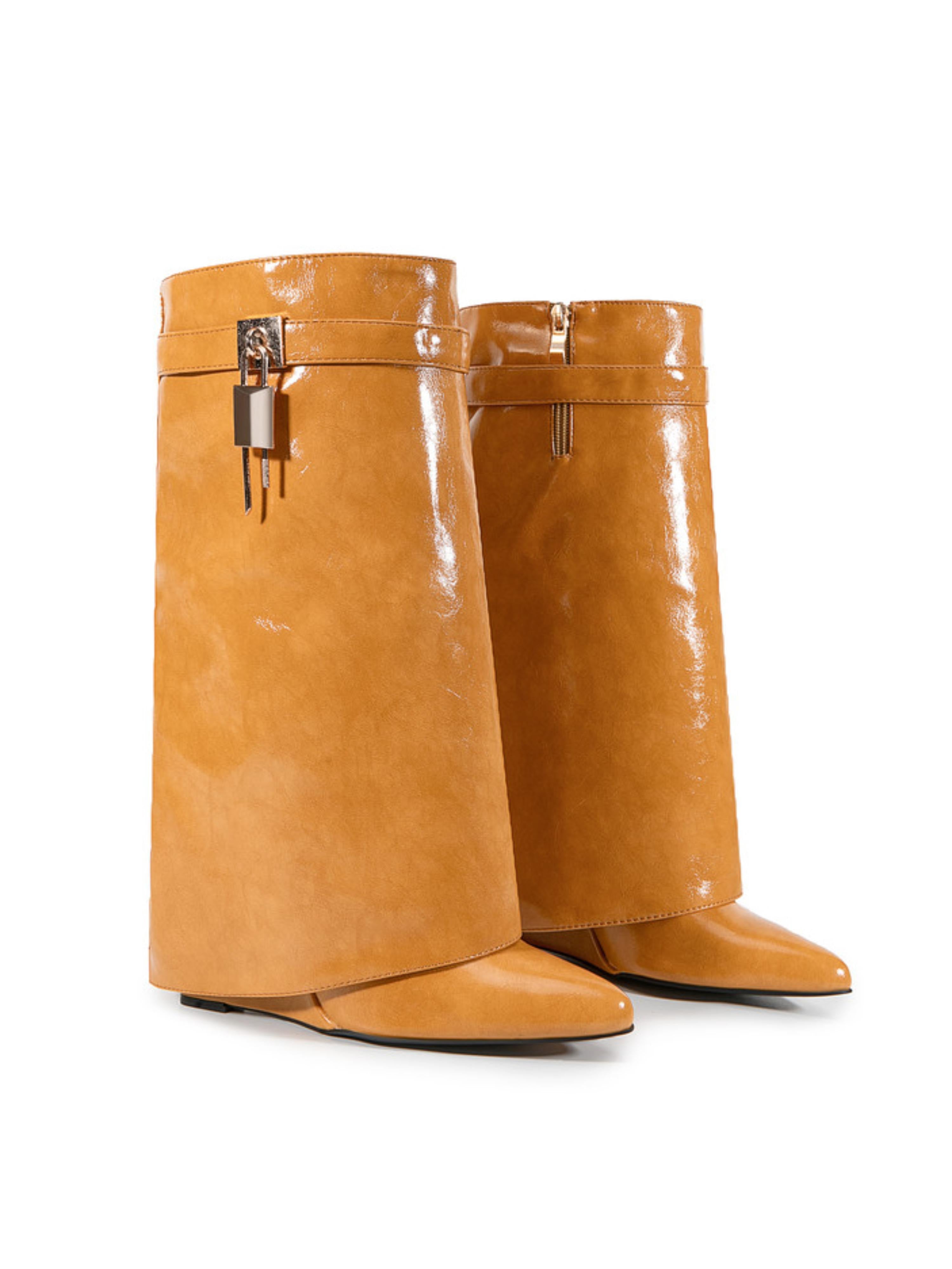 Caramel-Toned Tan Mid-Calf Wedge Boots