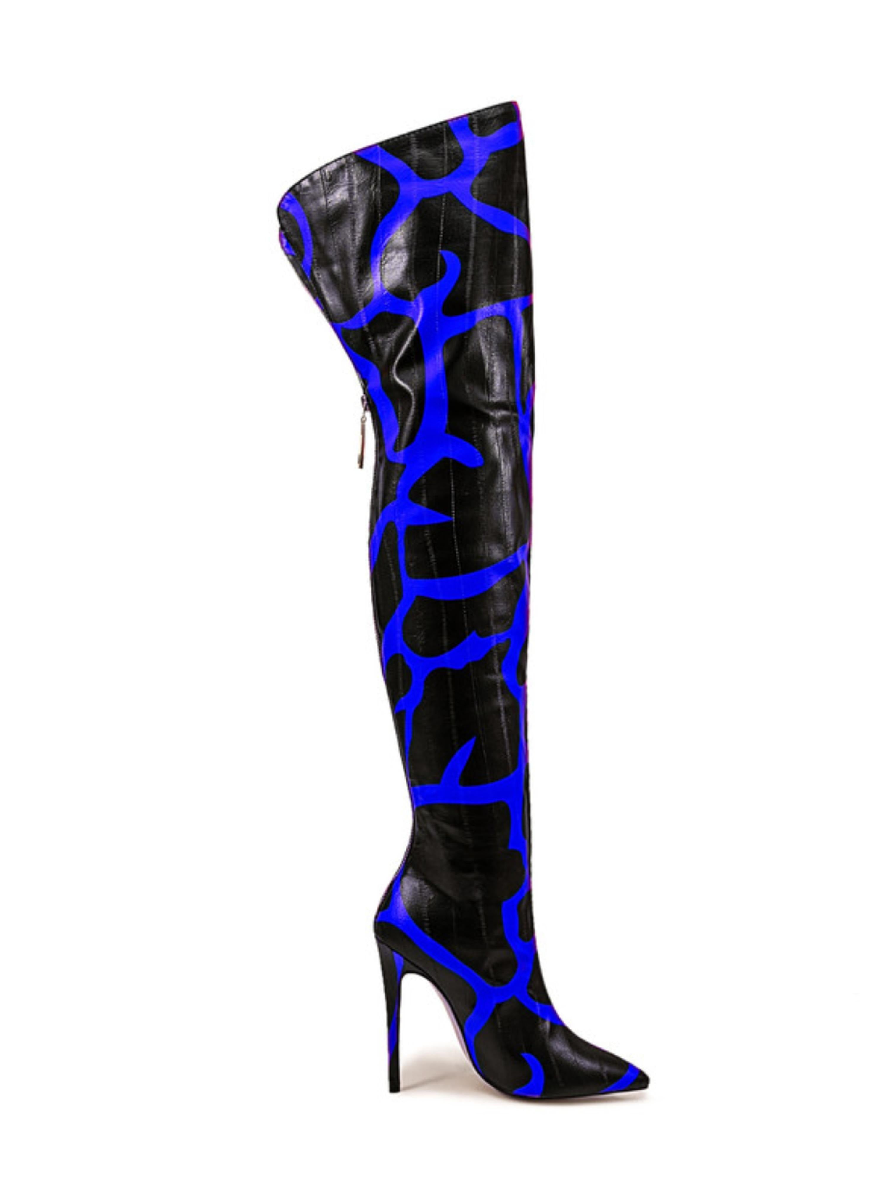 Black and Blue Patterned Over-The-Knee Boots for Women