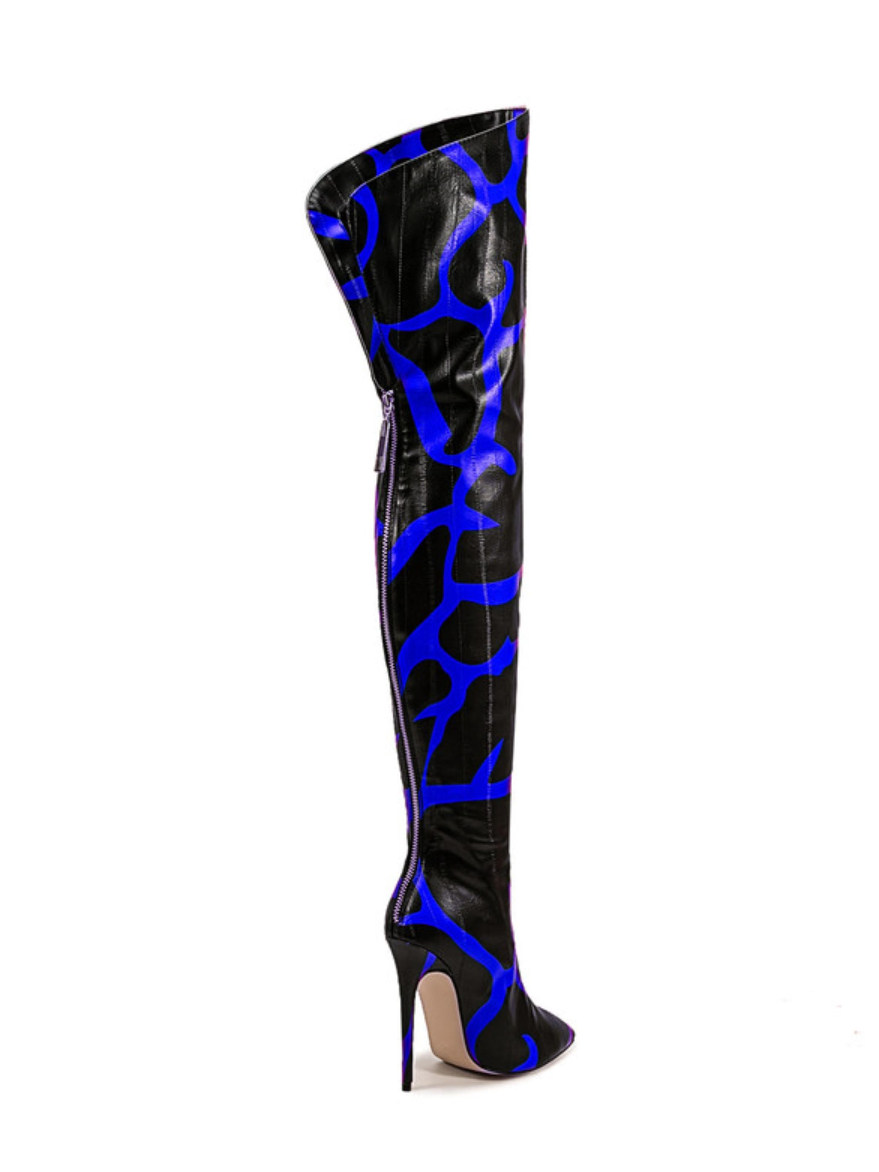Black and Blue Patterned Over-The-Knee Boots for Women