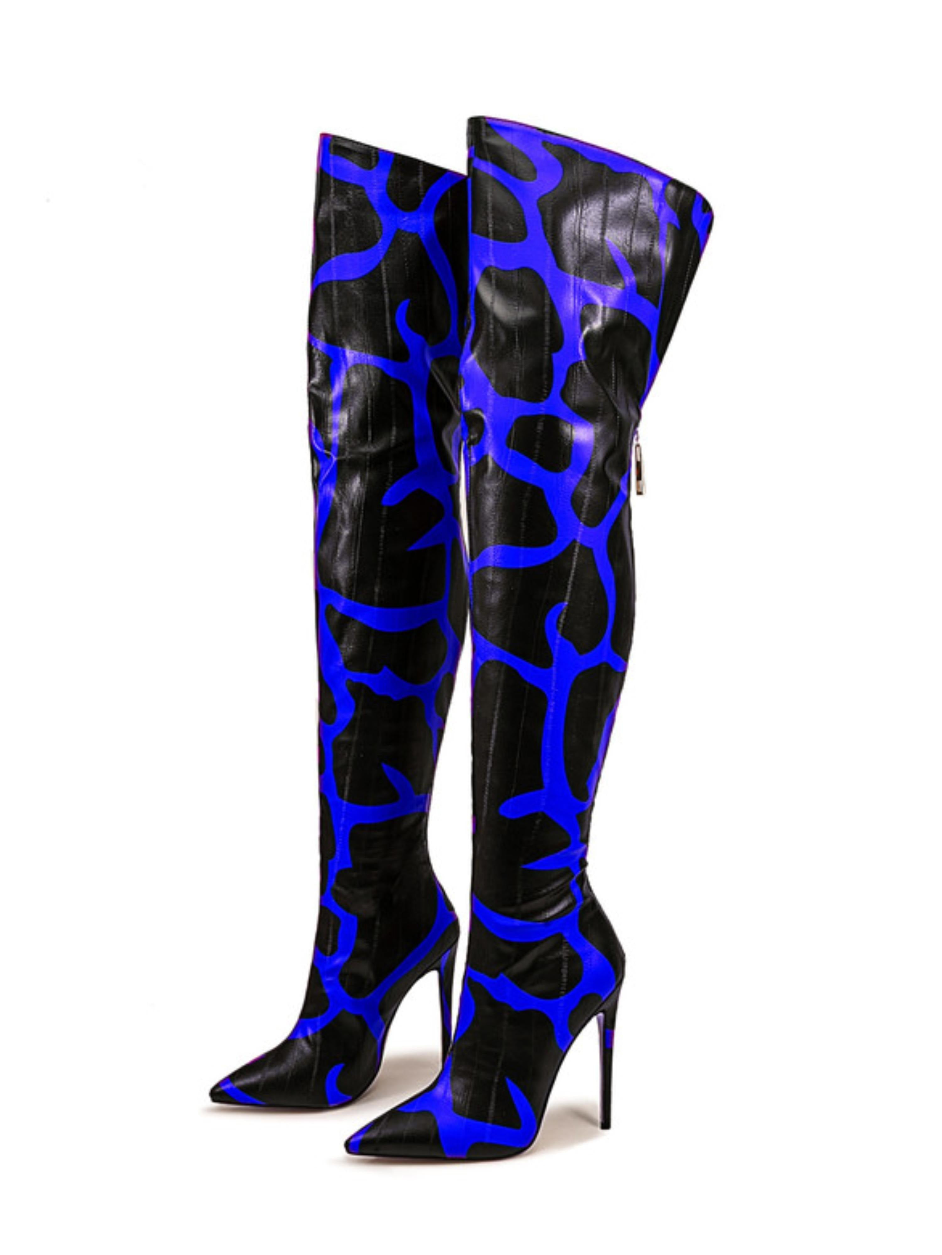 Black and Blue Patterned Over-The-Knee Boots for Women