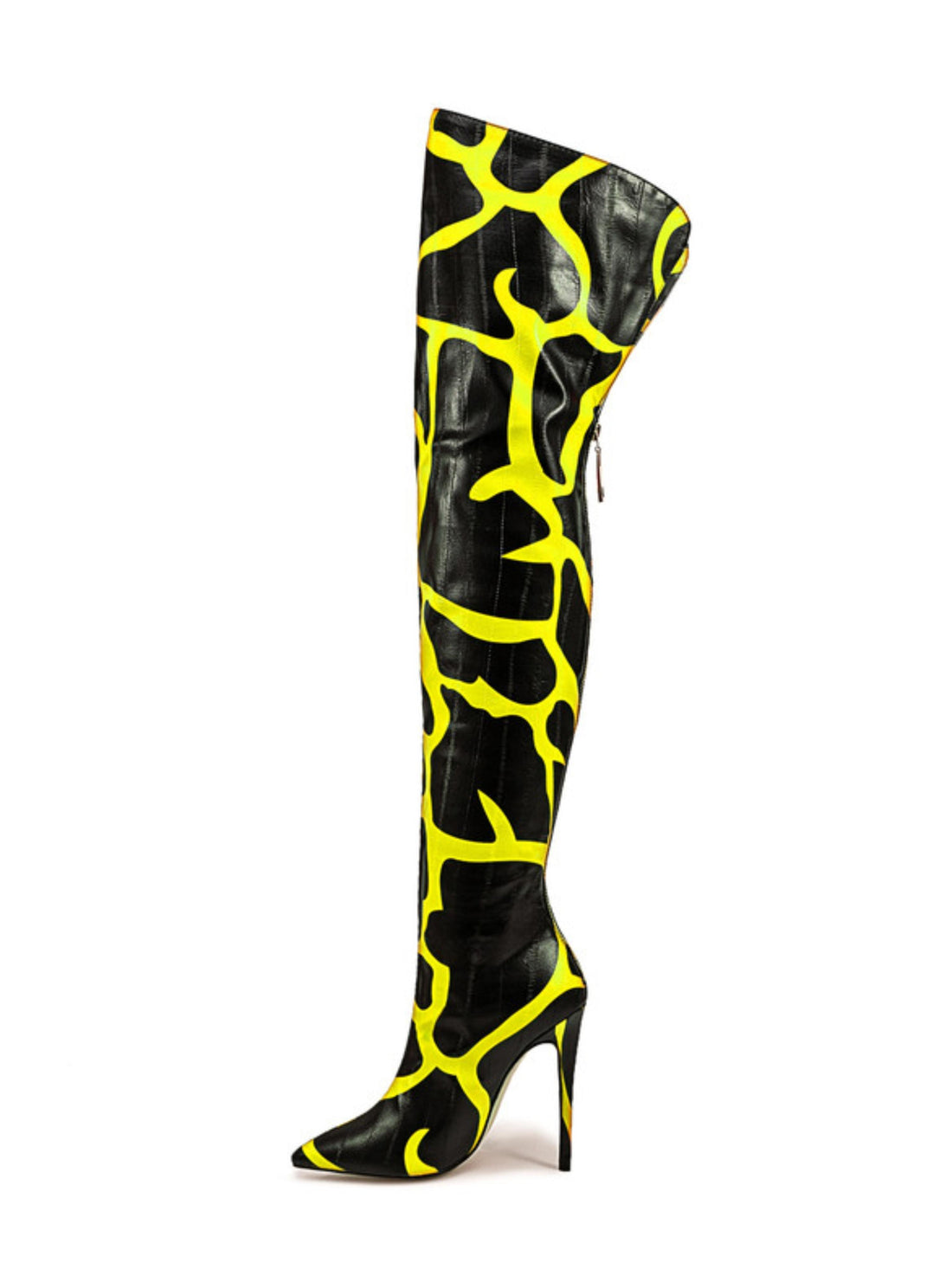 Black and Yellow Animal Print Pointed Toe Over-The-Knee Boots