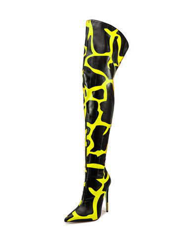 Black and Yellow Animal Print Pointed Toe Over-The-Knee Boots