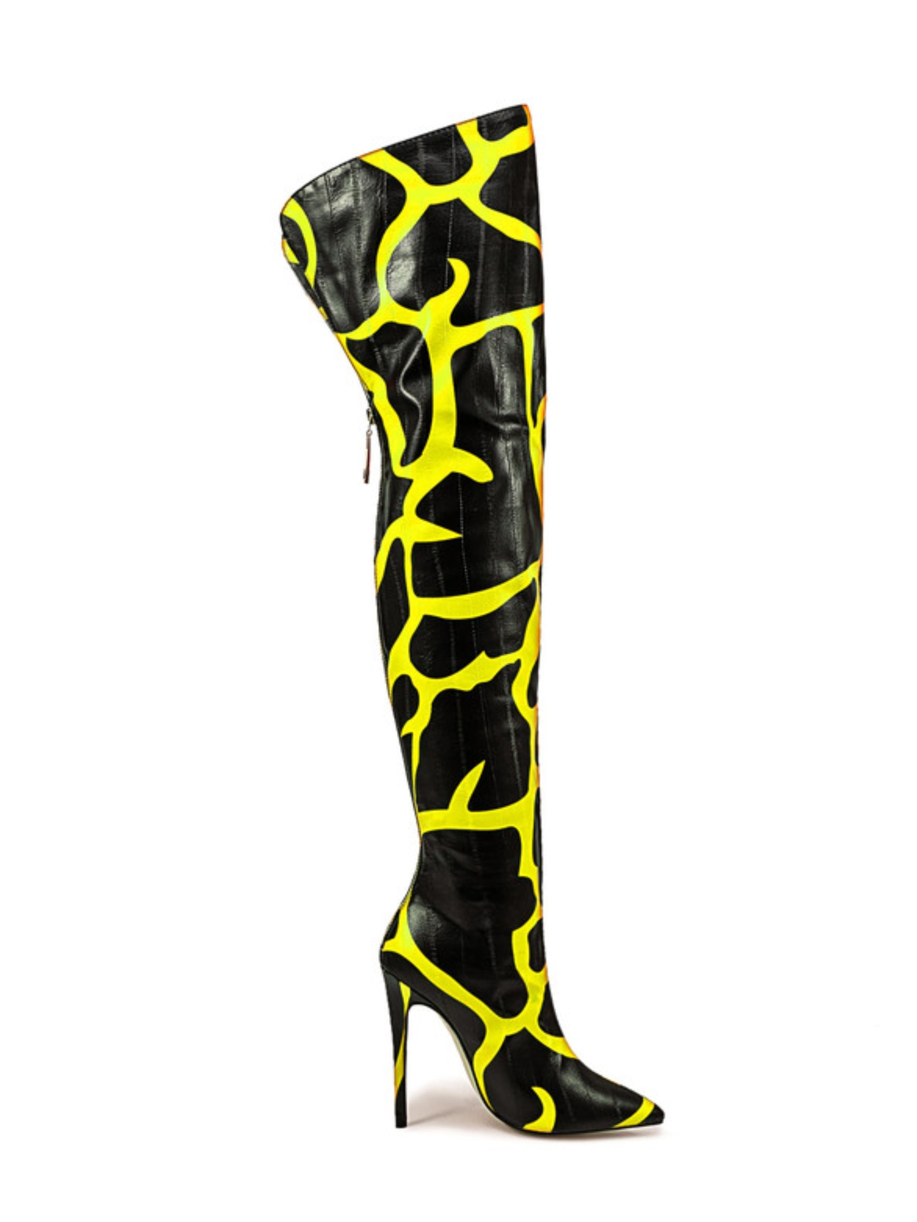 Black and Yellow Animal Print Pointed Toe Over-The-Knee Boots