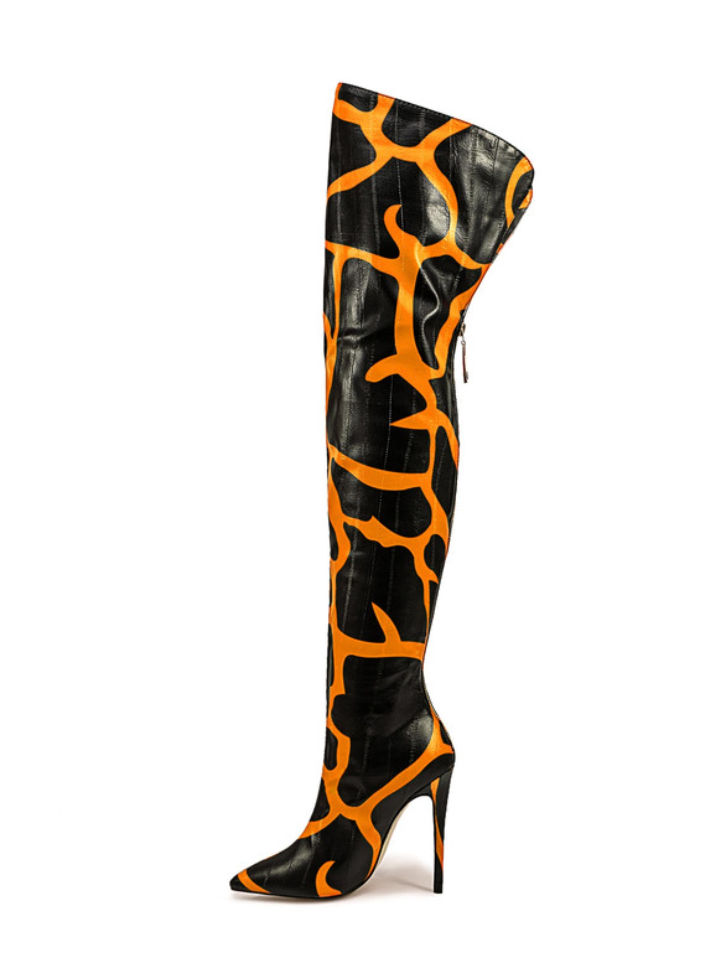 Black and Orange High Heel Thigh-High Boots for Women