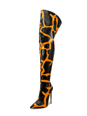 Black and Orange High Heel Thigh-High Boots for Women