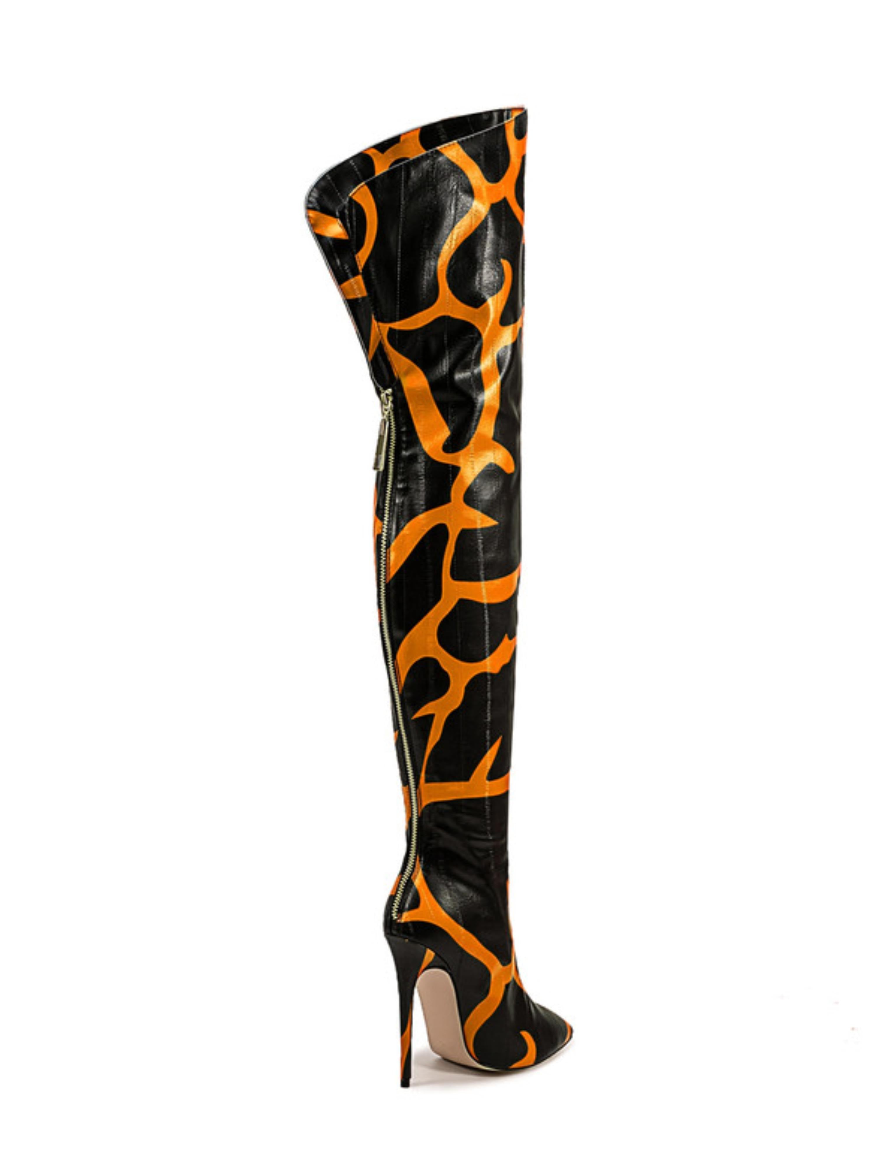 Black and Orange High Heel Thigh-High Boots for Women