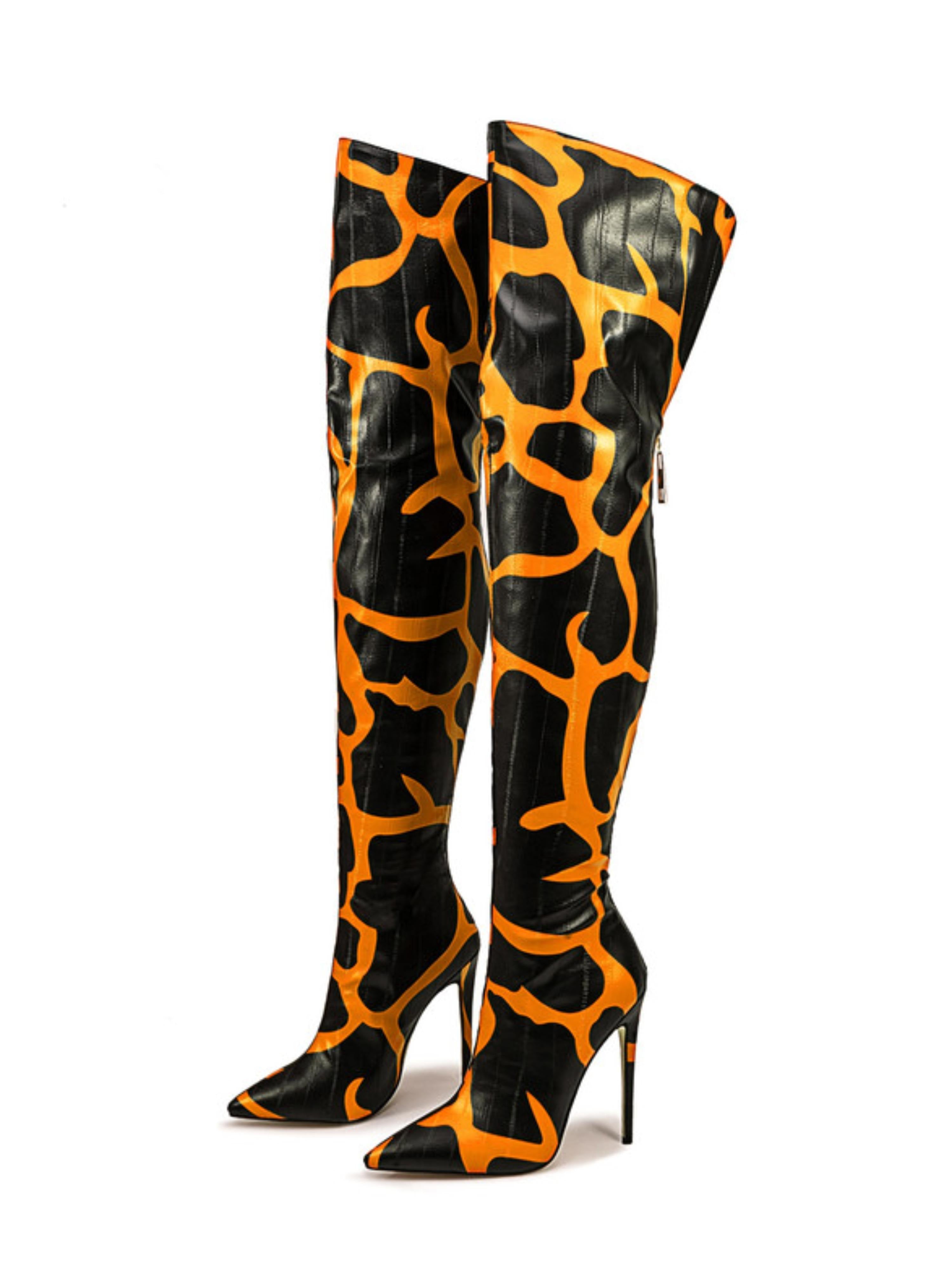 Black and Orange High Heel Thigh-High Boots for Women