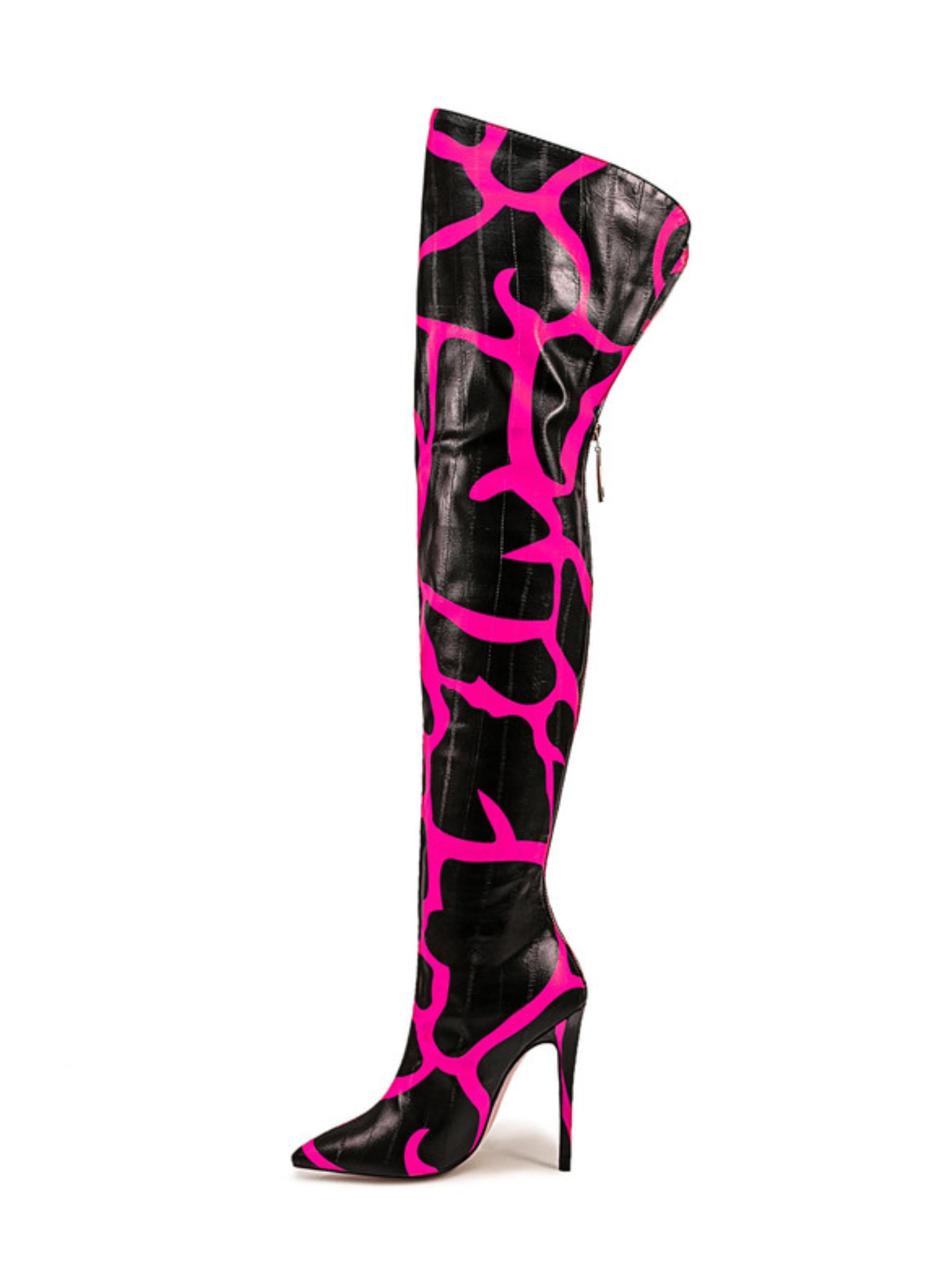 Black and Pink Stiletto Heel Y2K Thigh-High Boots