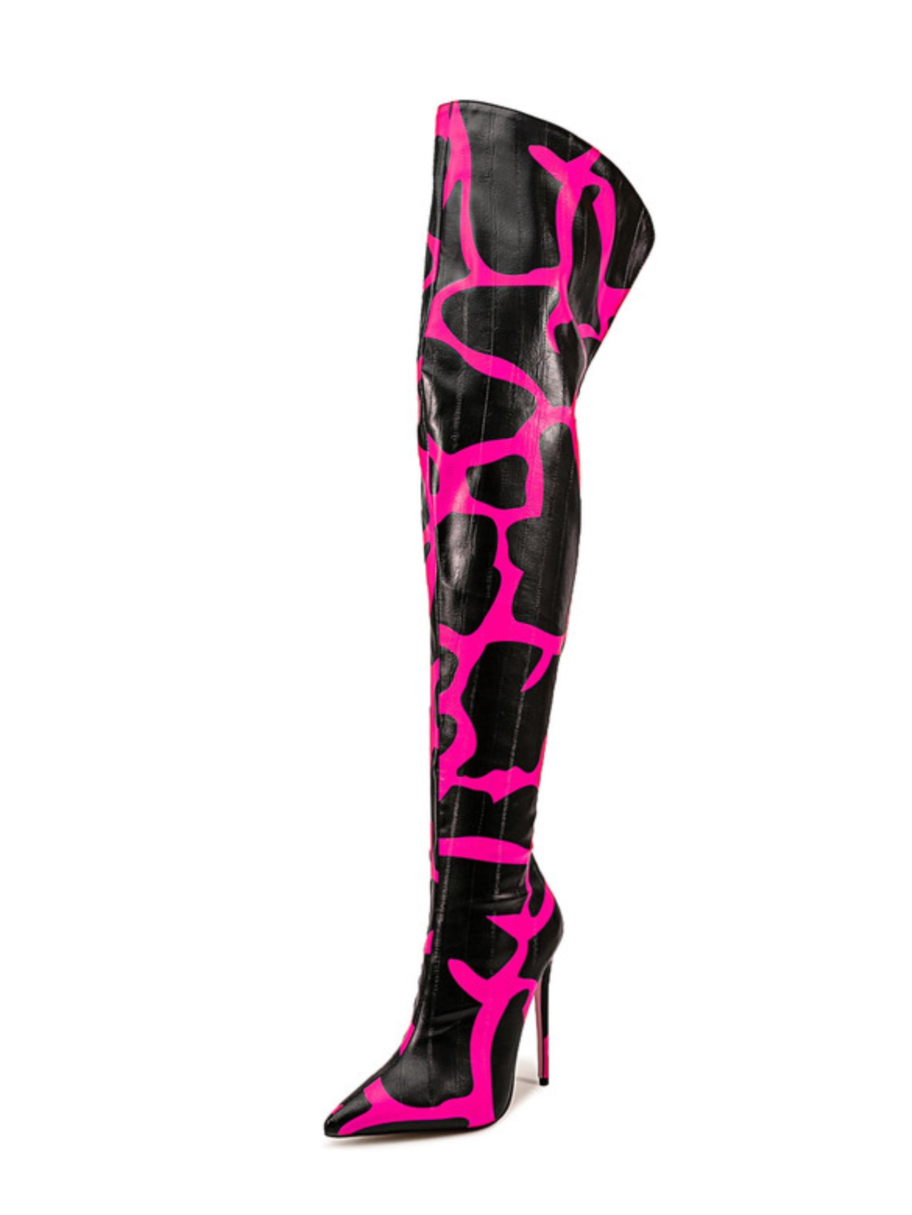 Black and Pink Stiletto Heel Y2K Thigh-High Boots