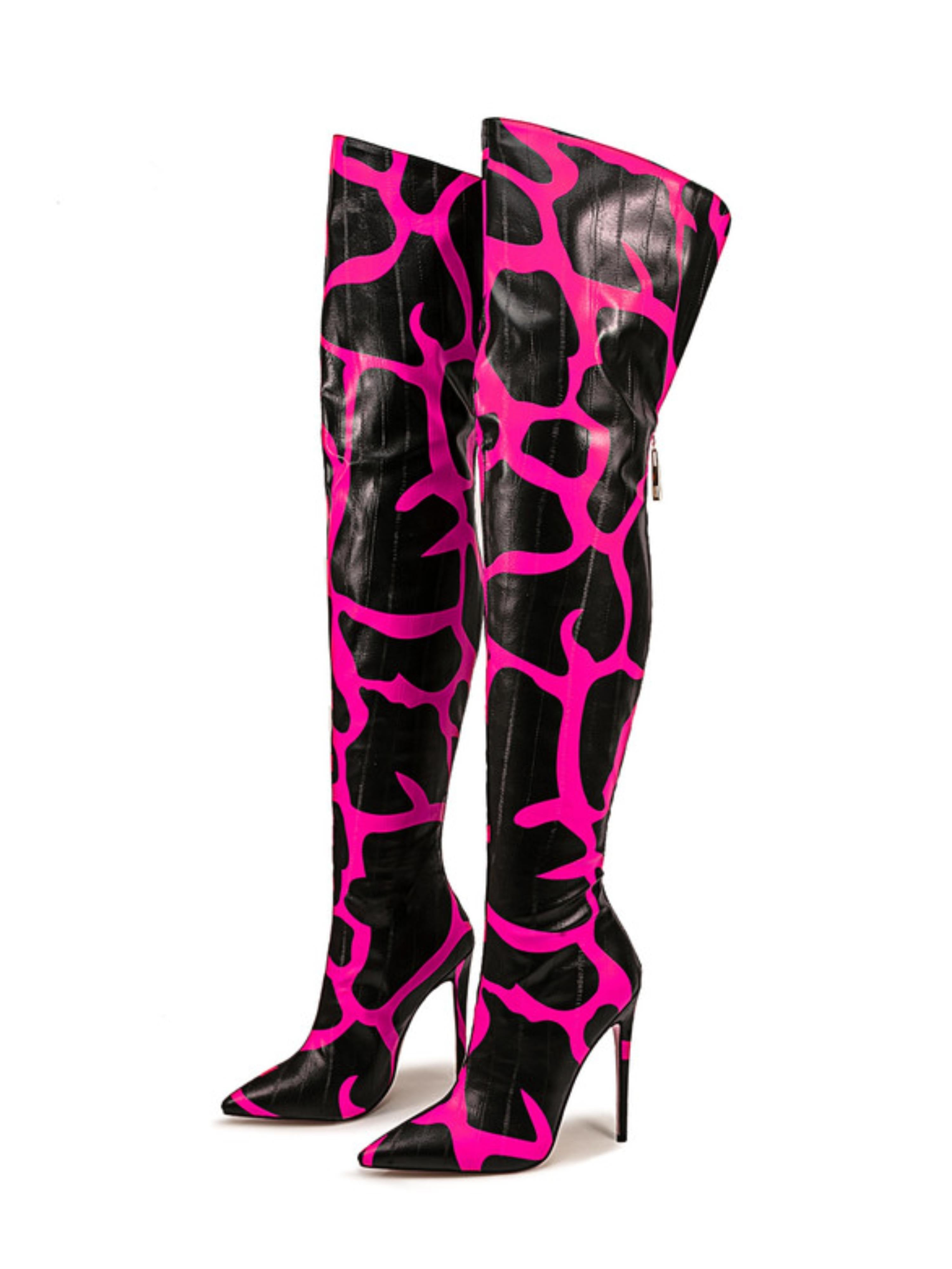 Black and Pink Stiletto Heel Y2K Thigh-High Boots