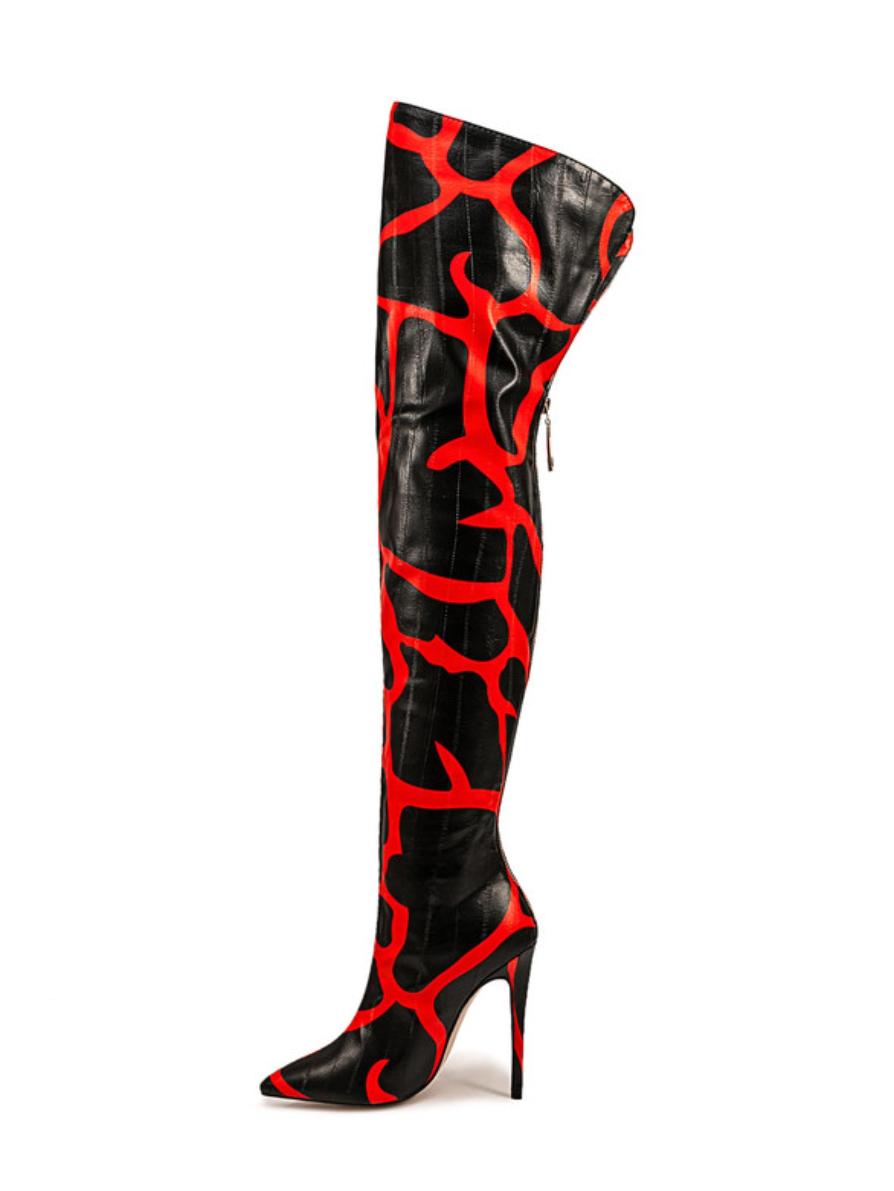 Black and Red Animal Print Heeled Thigh-High Boots