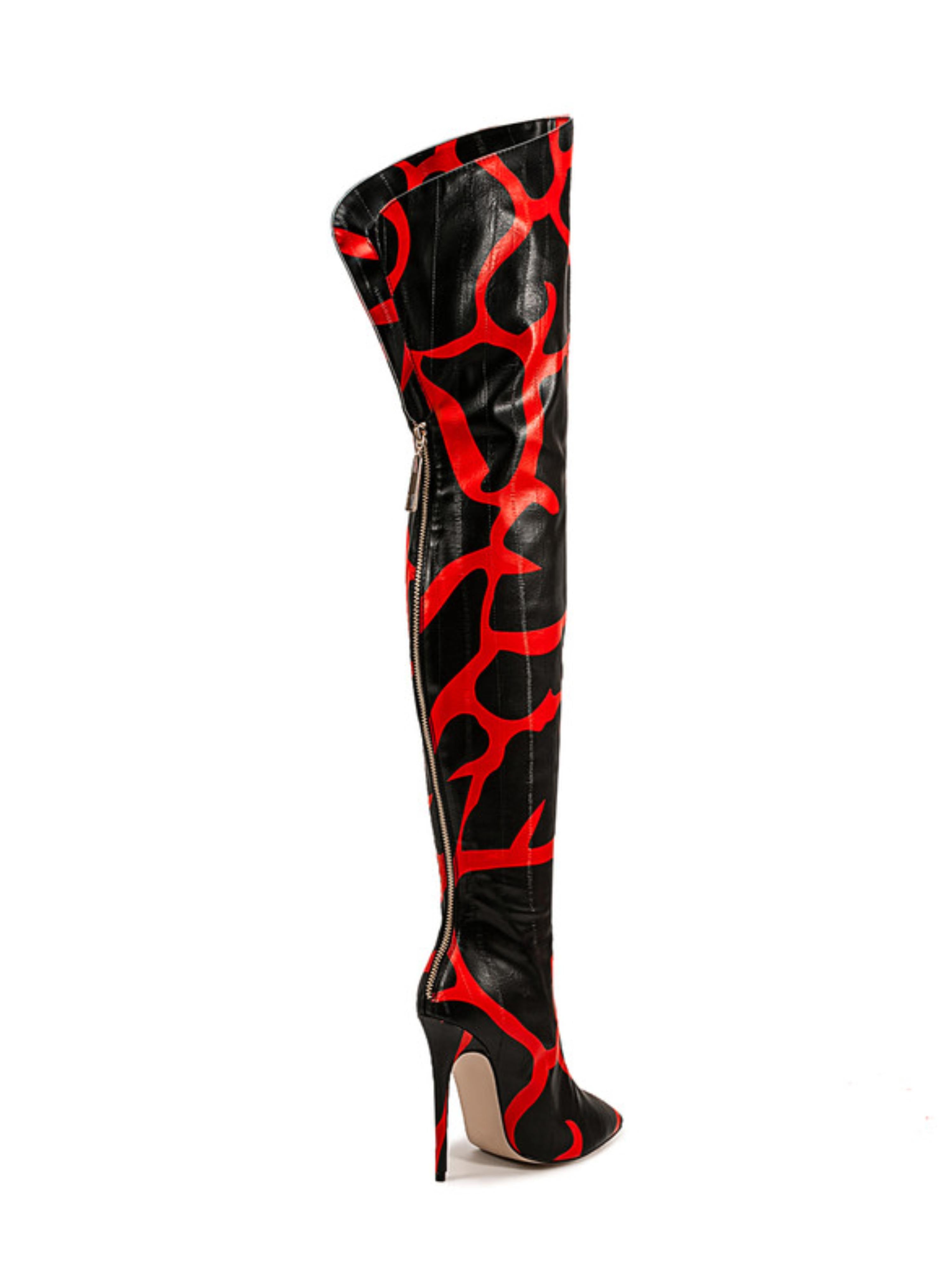 Black and Red Animal Print Heeled Thigh-High Boots