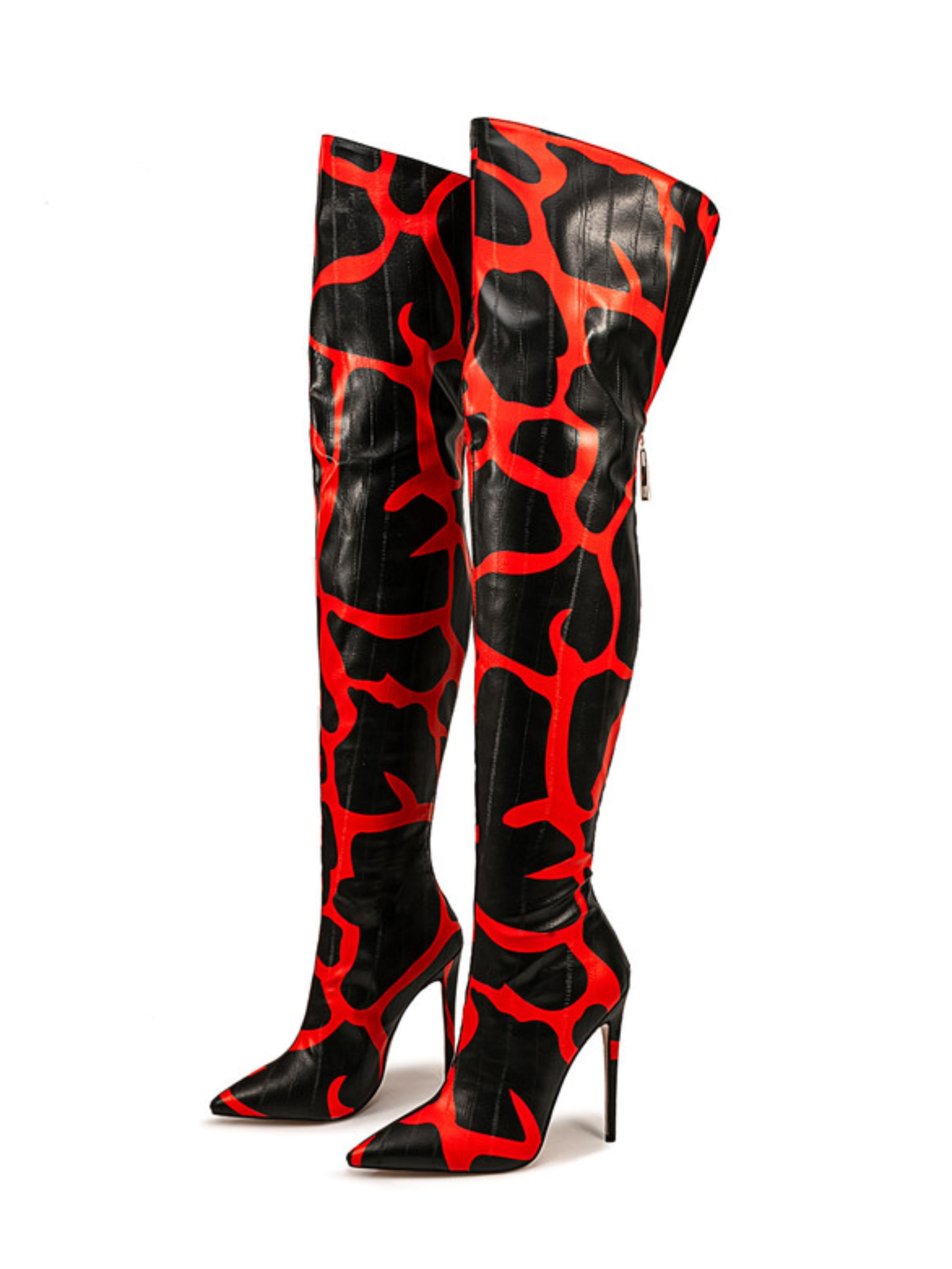 Black and Red Animal Print Heeled Thigh-High Boots