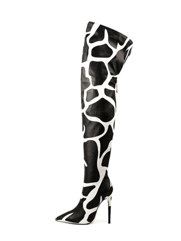 Black and White Animal Print Thigh-High Boots with Stiletto Heels