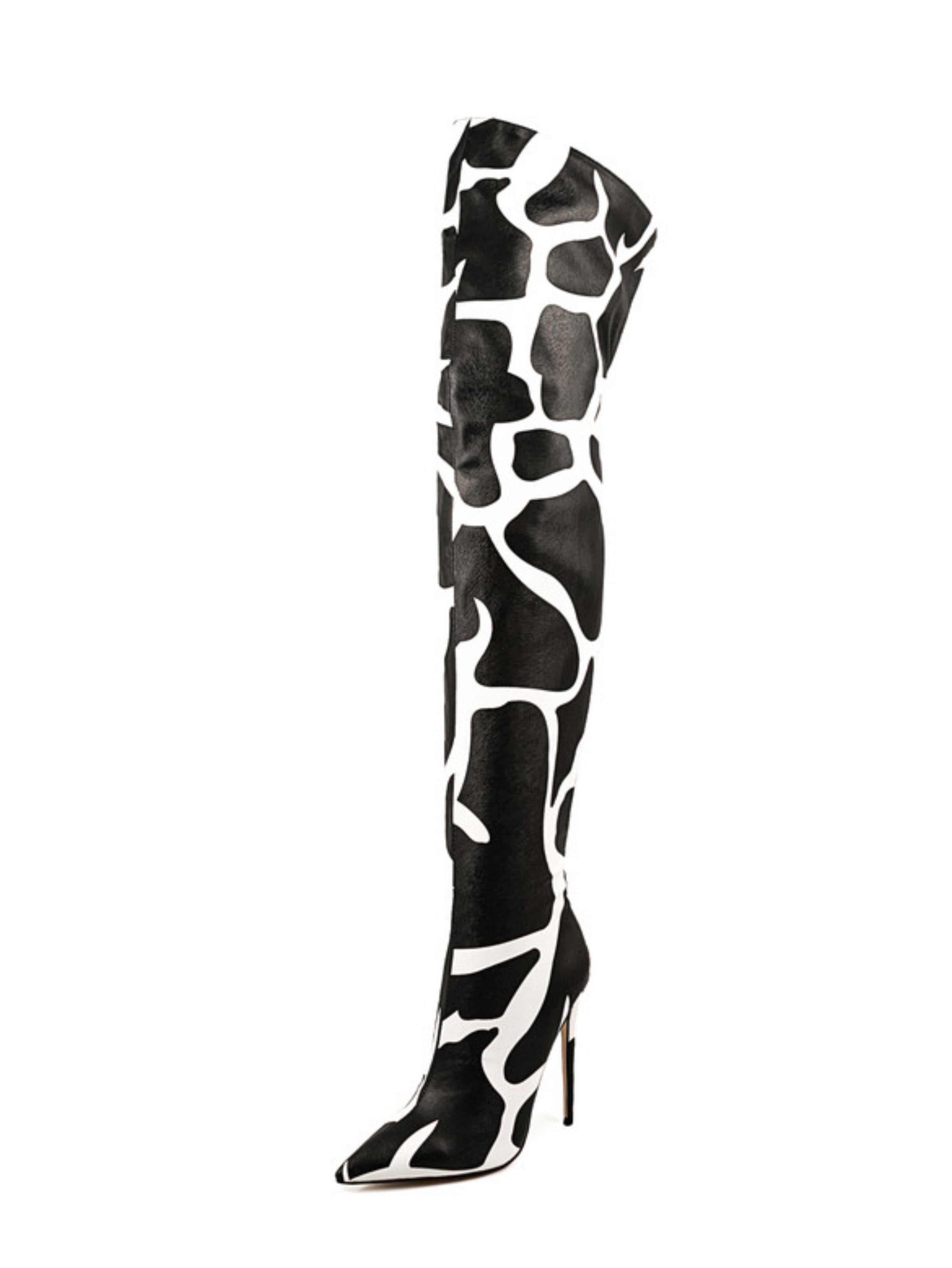 Black and White Animal Print Thigh-High Boots with Stiletto Heels