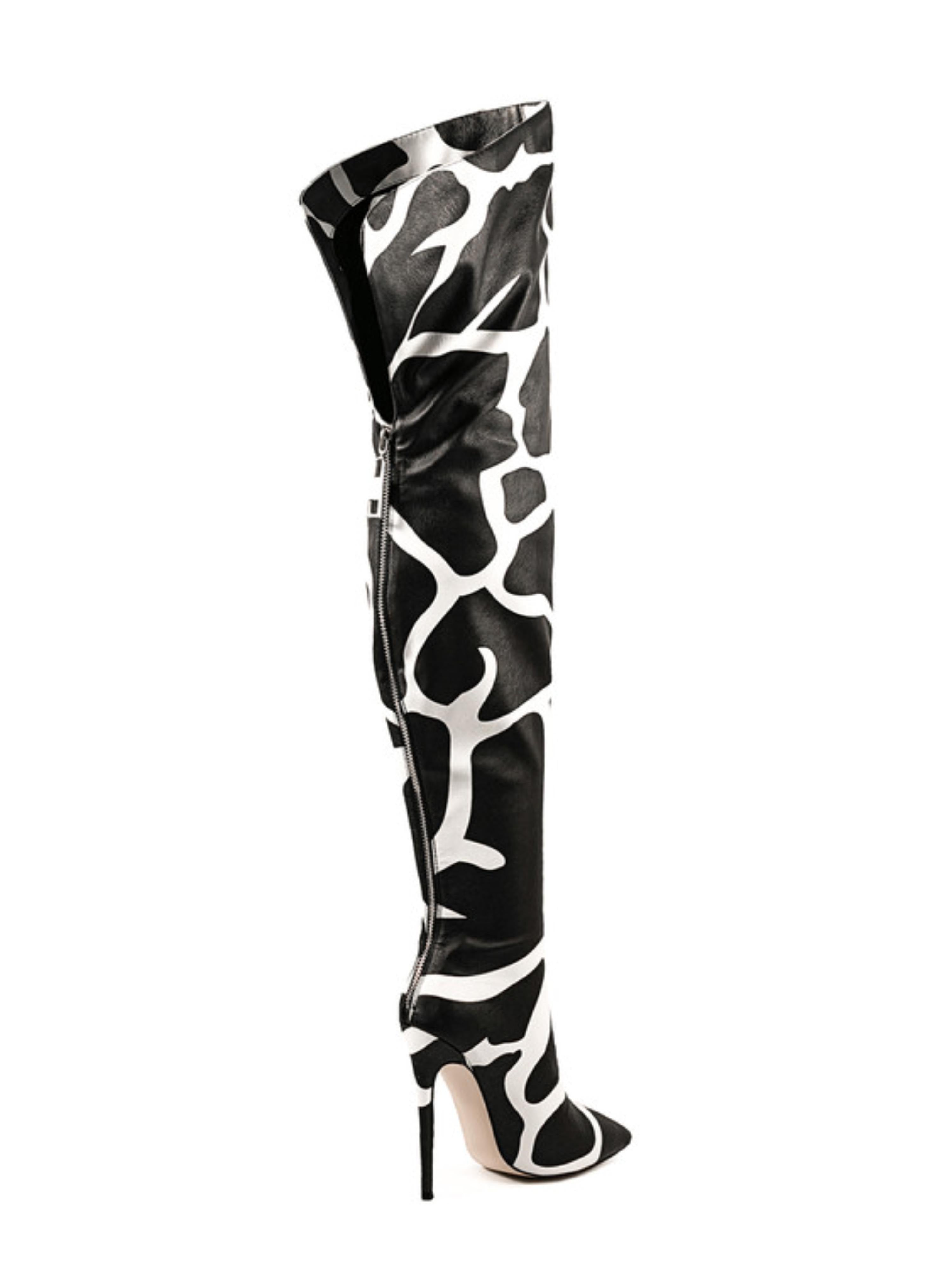 Black and White Animal Print Thigh-High Boots with Stiletto Heels