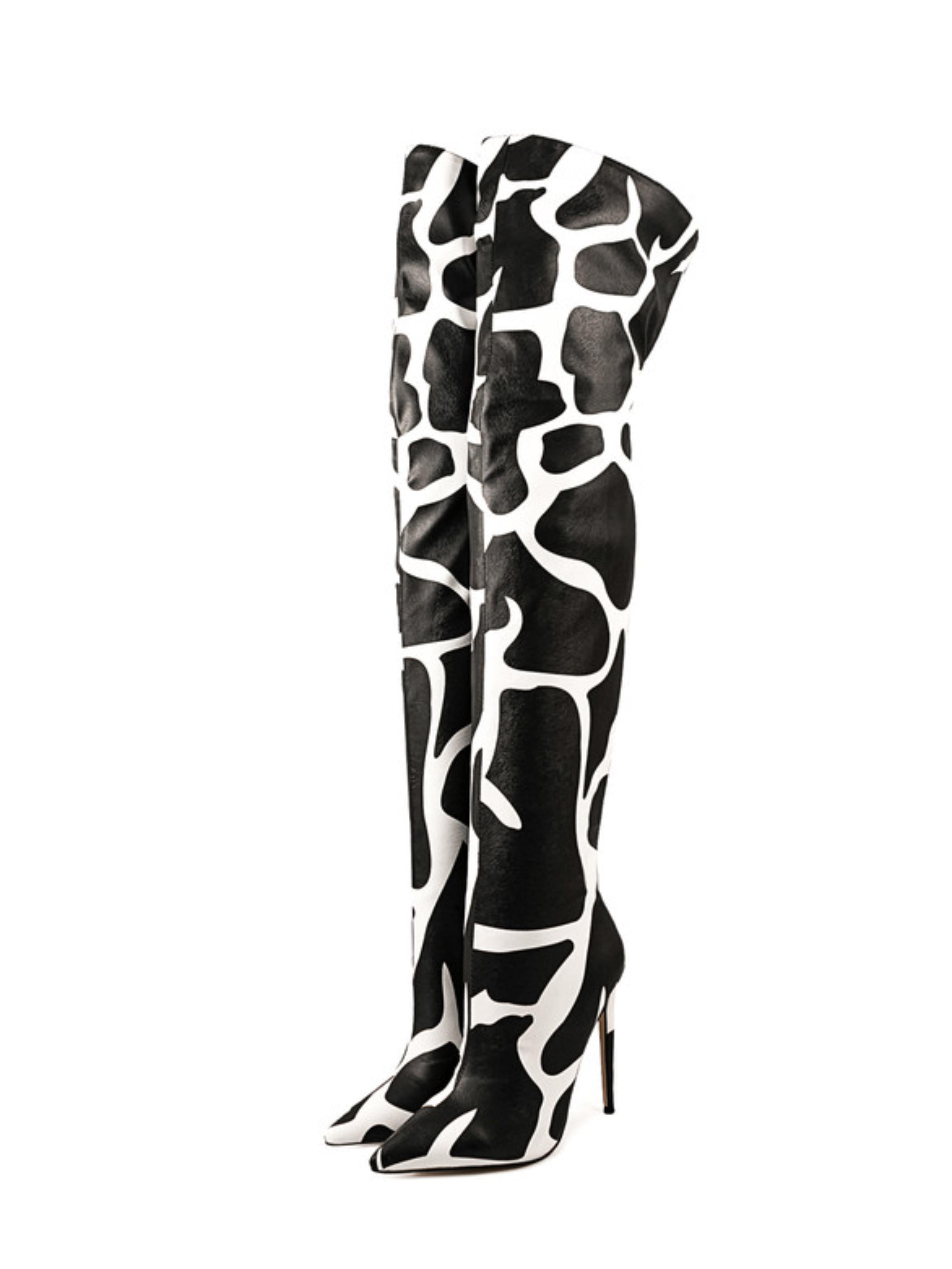 Black and White Animal Print Thigh-High Boots with Stiletto Heels