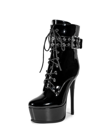 Black Round Toe Platform High Heel Ankle Boots for Women