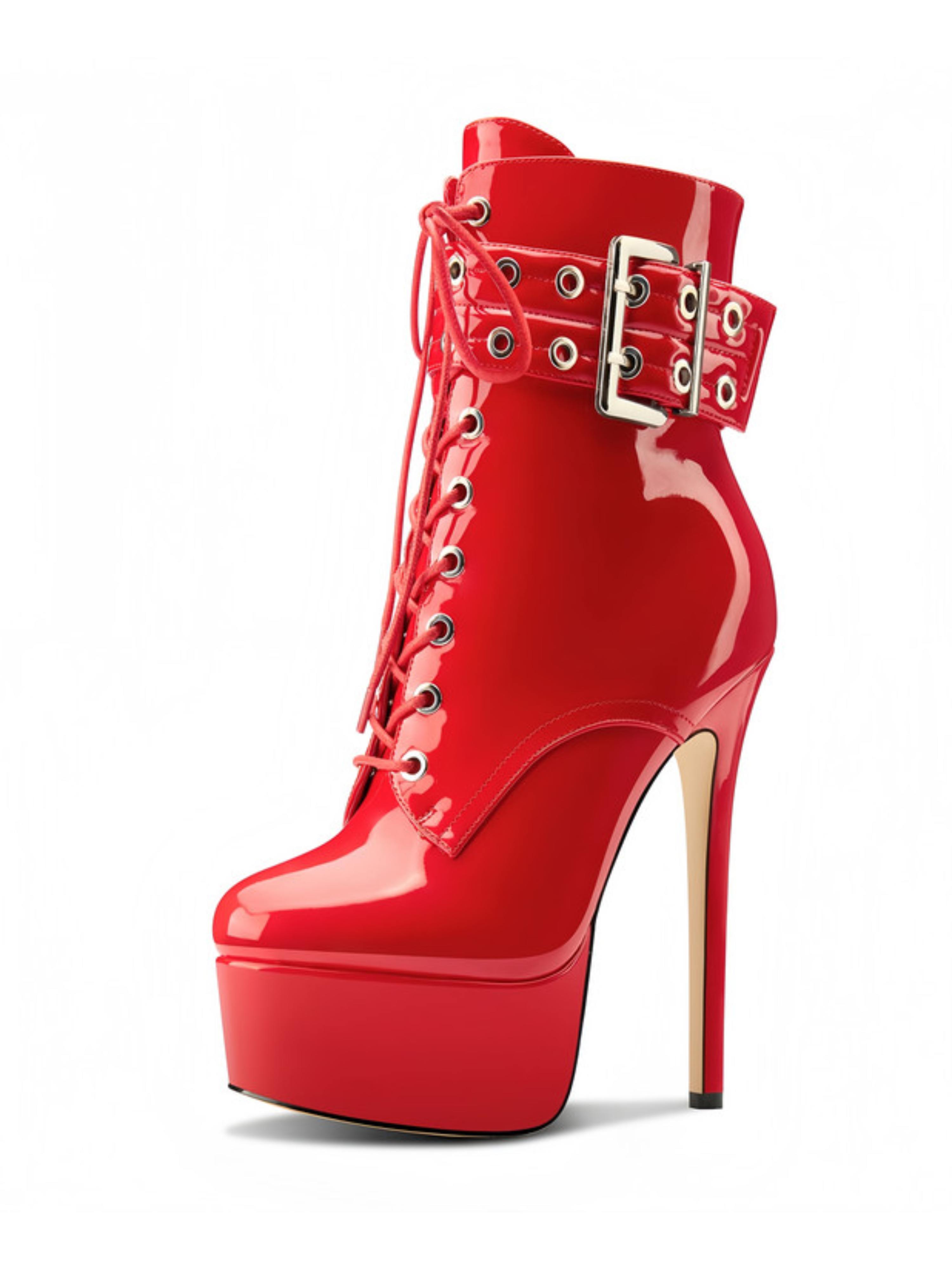 Red Patent Leather Lace-Up Platform Short Boots