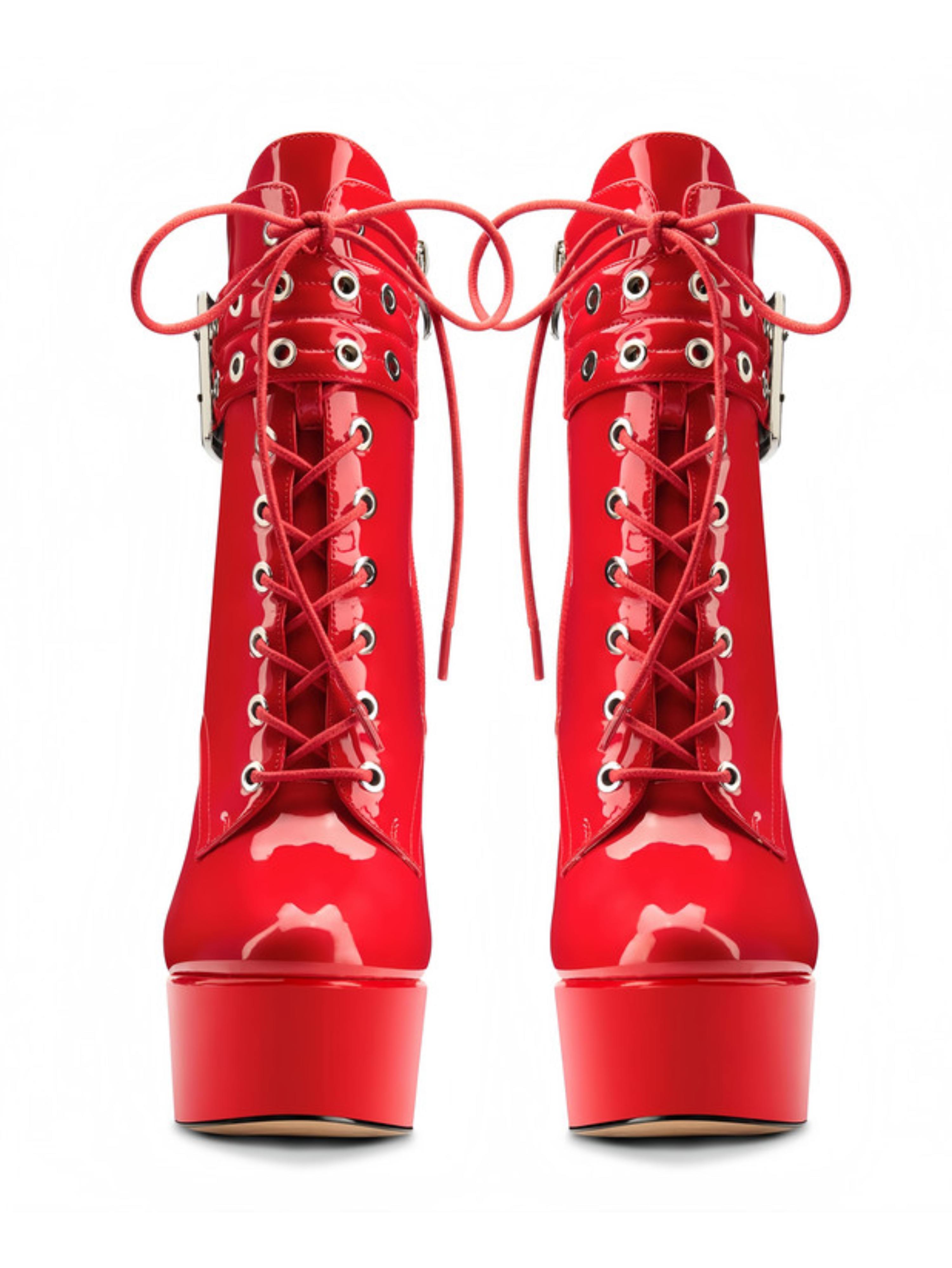 Red Patent Leather Lace-Up Platform Short Boots
