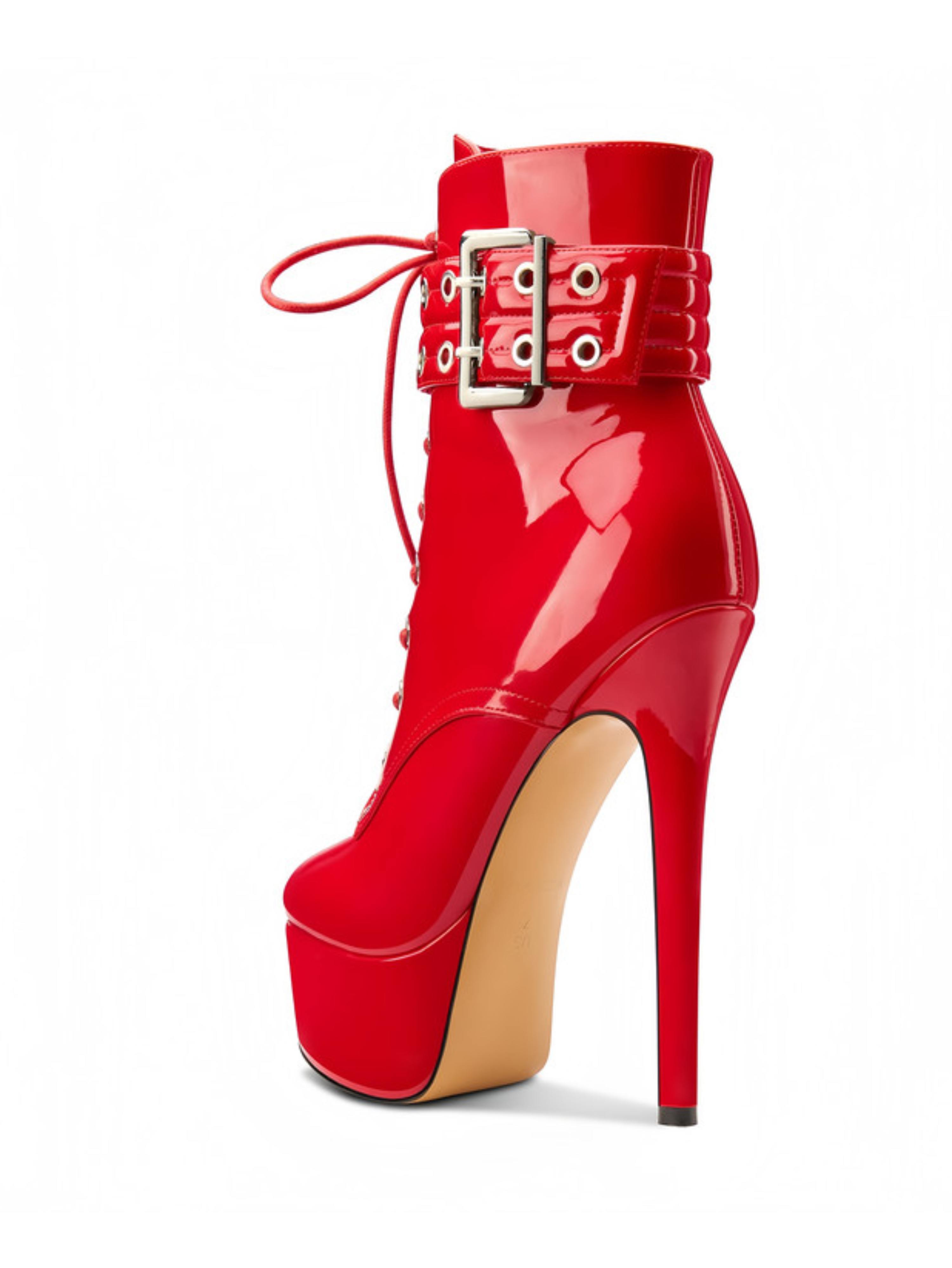 Red Patent Leather Lace-Up Platform Short Boots