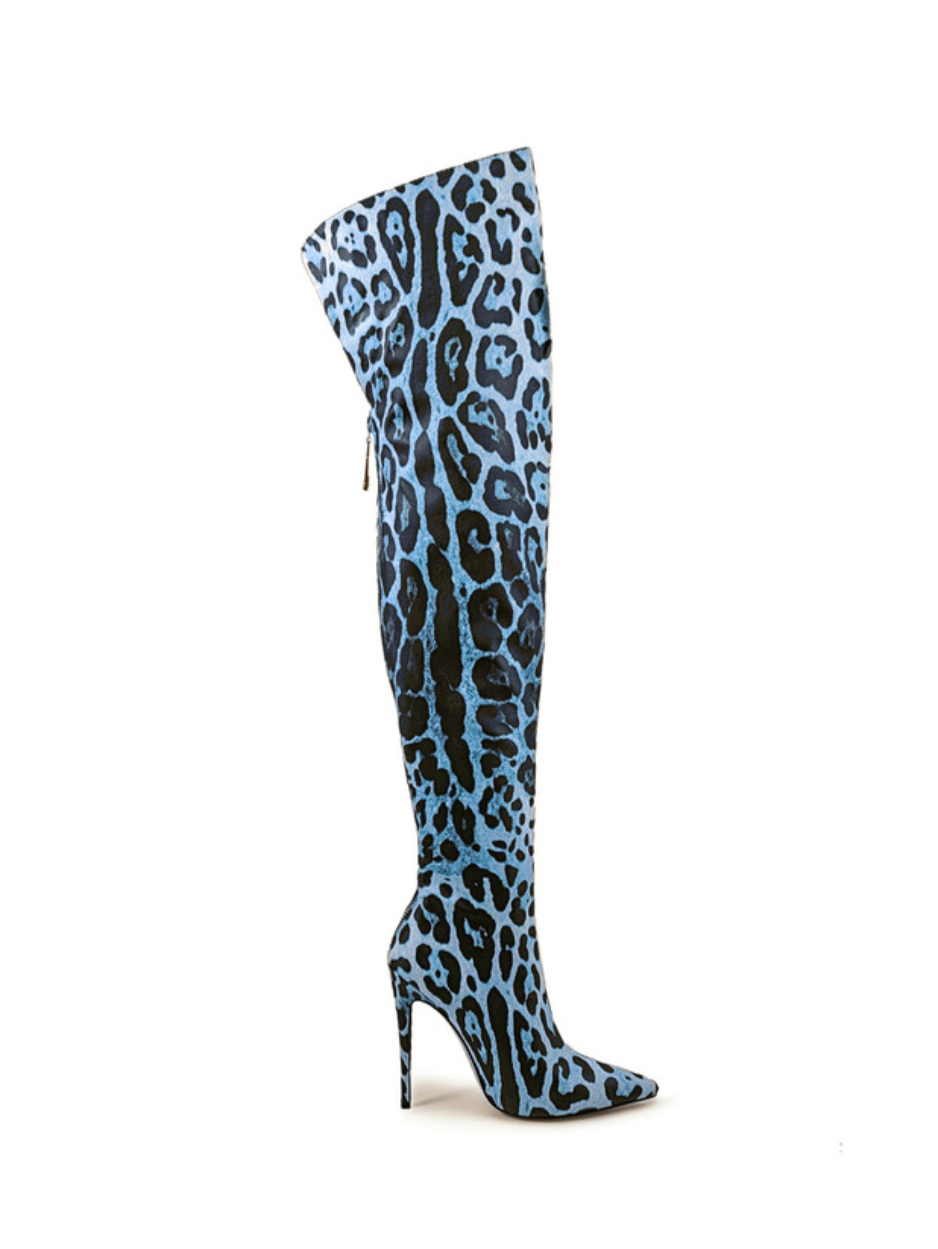 Blue Animal Print Stilettos Thigh-High Boots