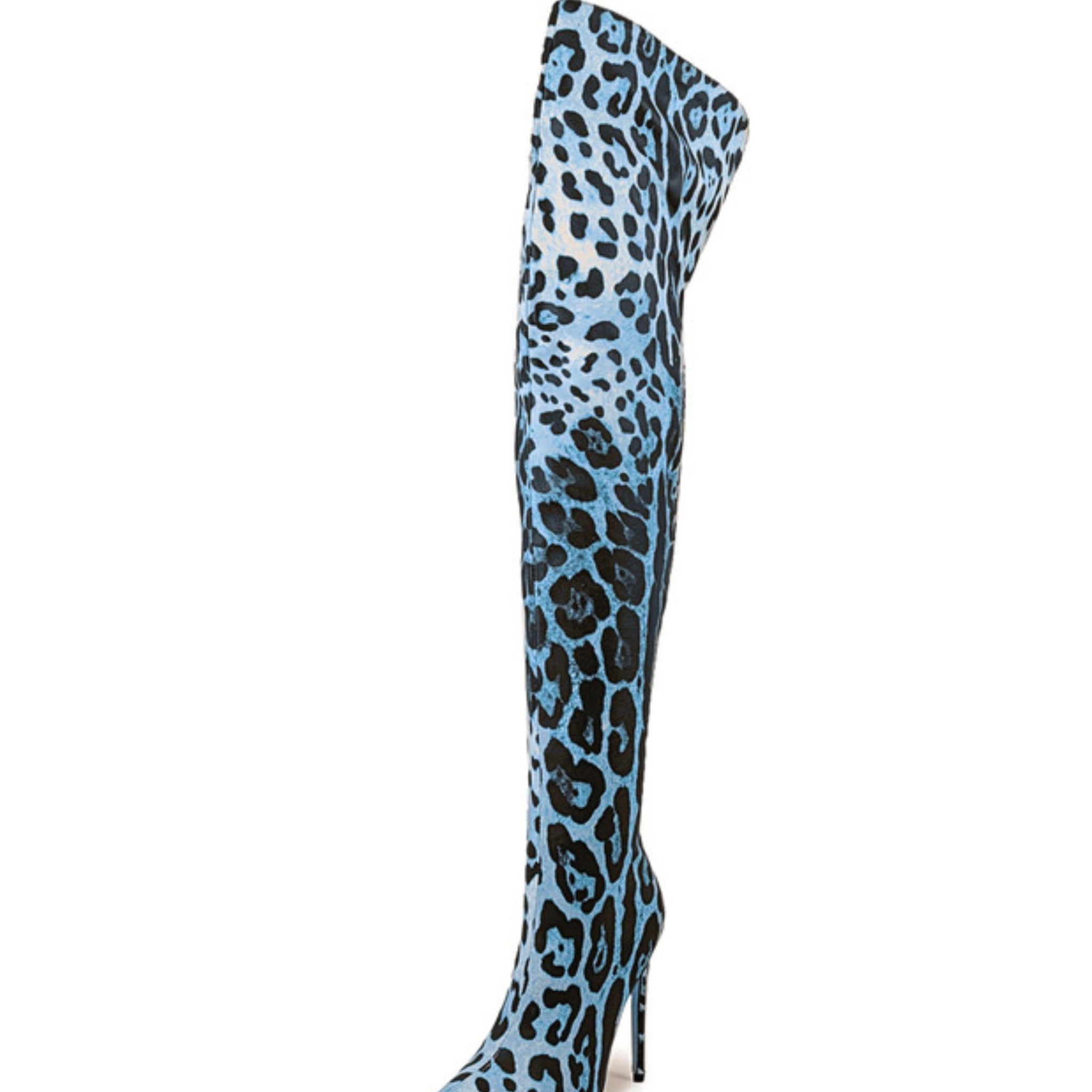 Blue Animal Print Stilettos Thigh-High Boots