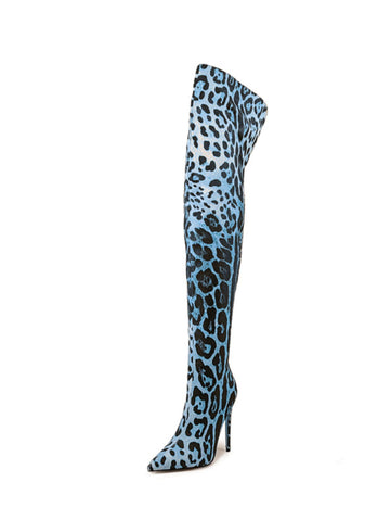 Blue Animal Print Stilettos Thigh-High Boots