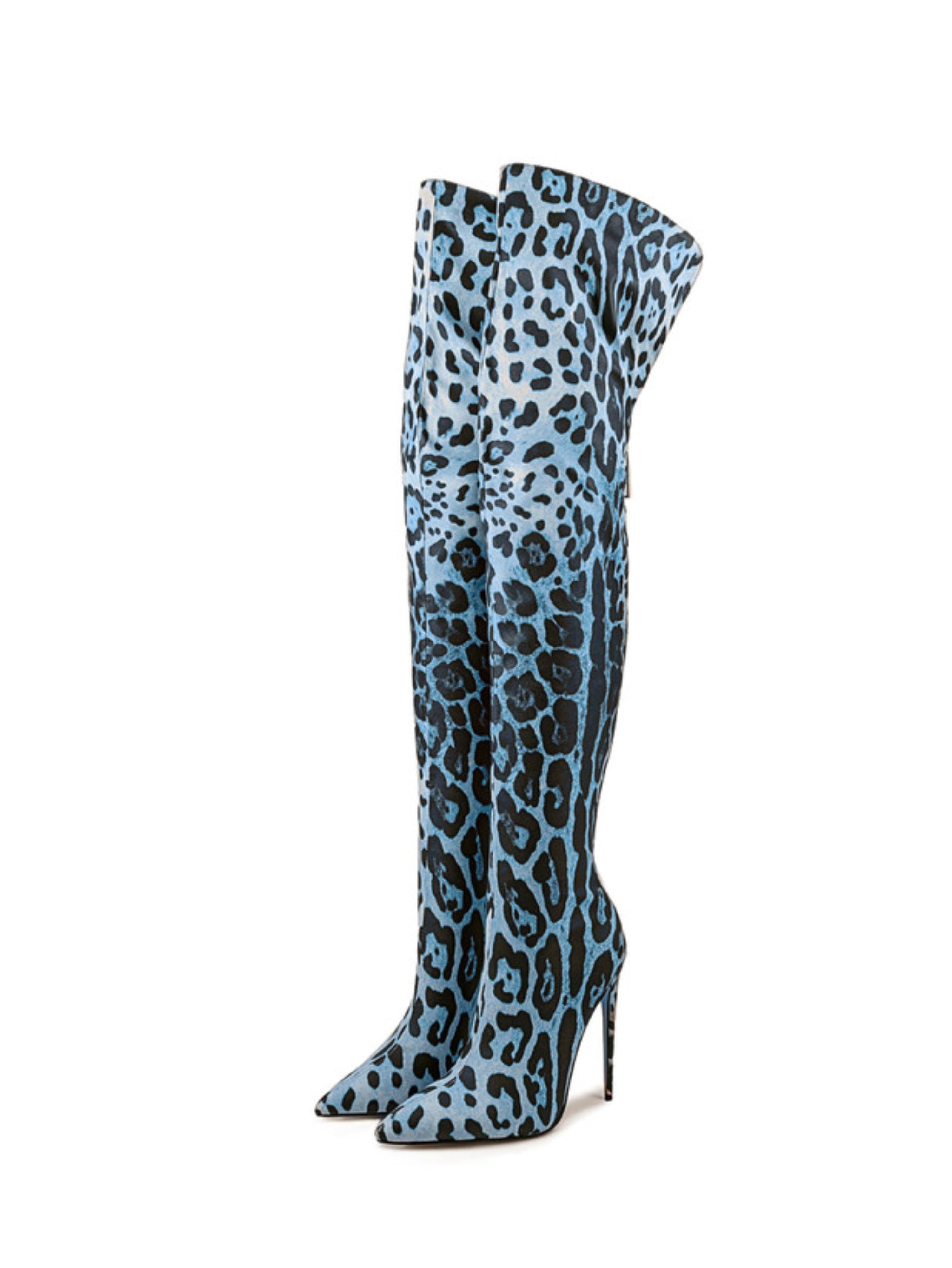 Blue Animal Print Stilettos Thigh-High Boots