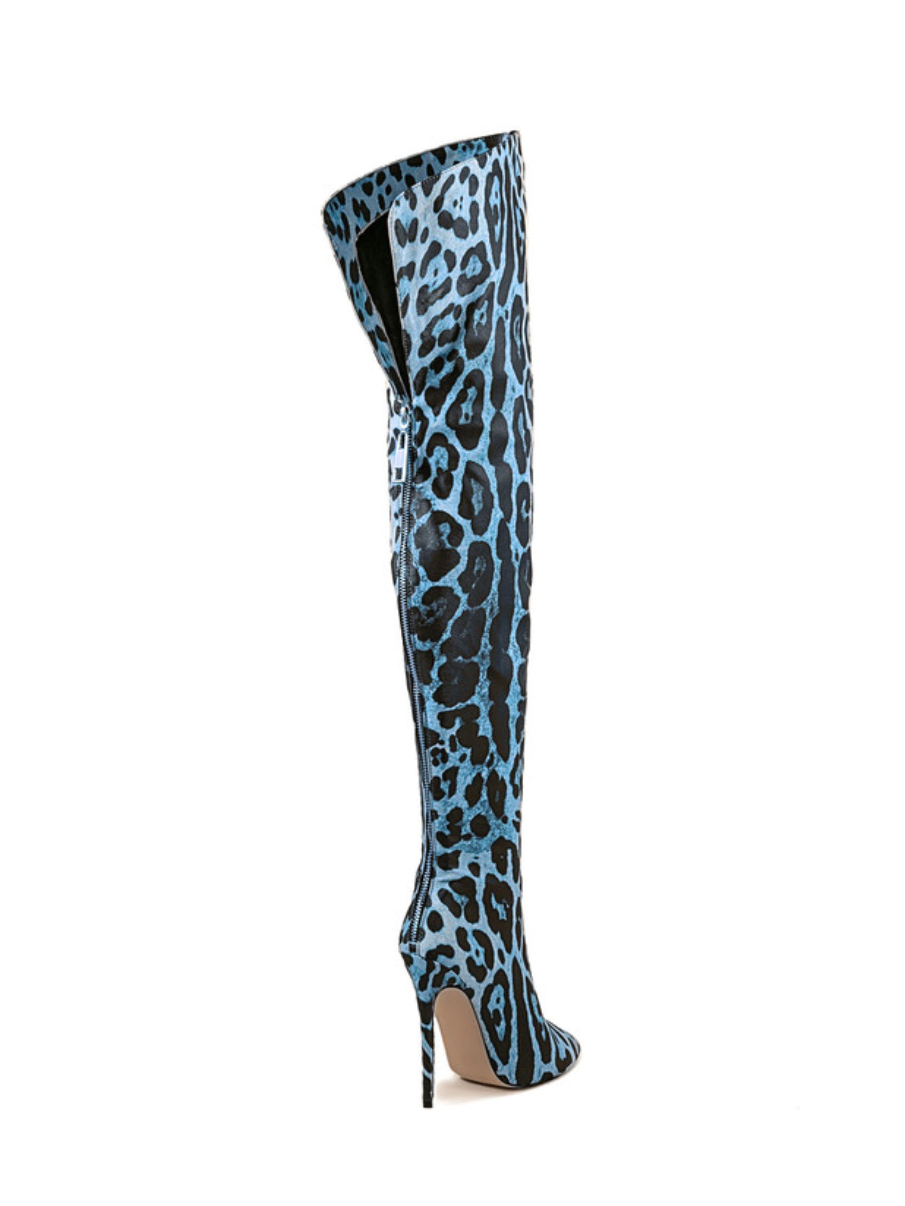 Blue Animal Print Stilettos Thigh-High Boots