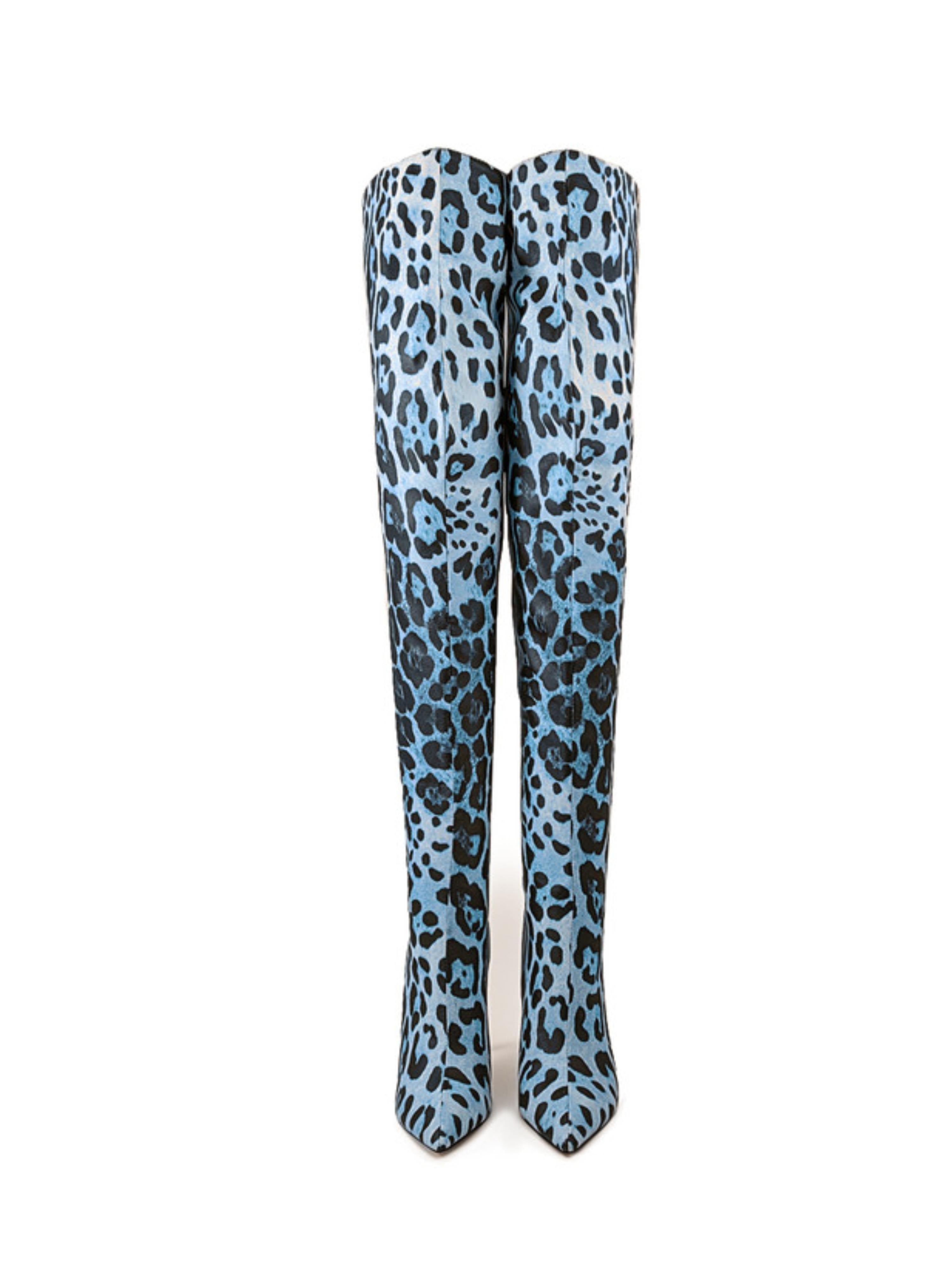 Blue Animal Print Stilettos Thigh-High Boots