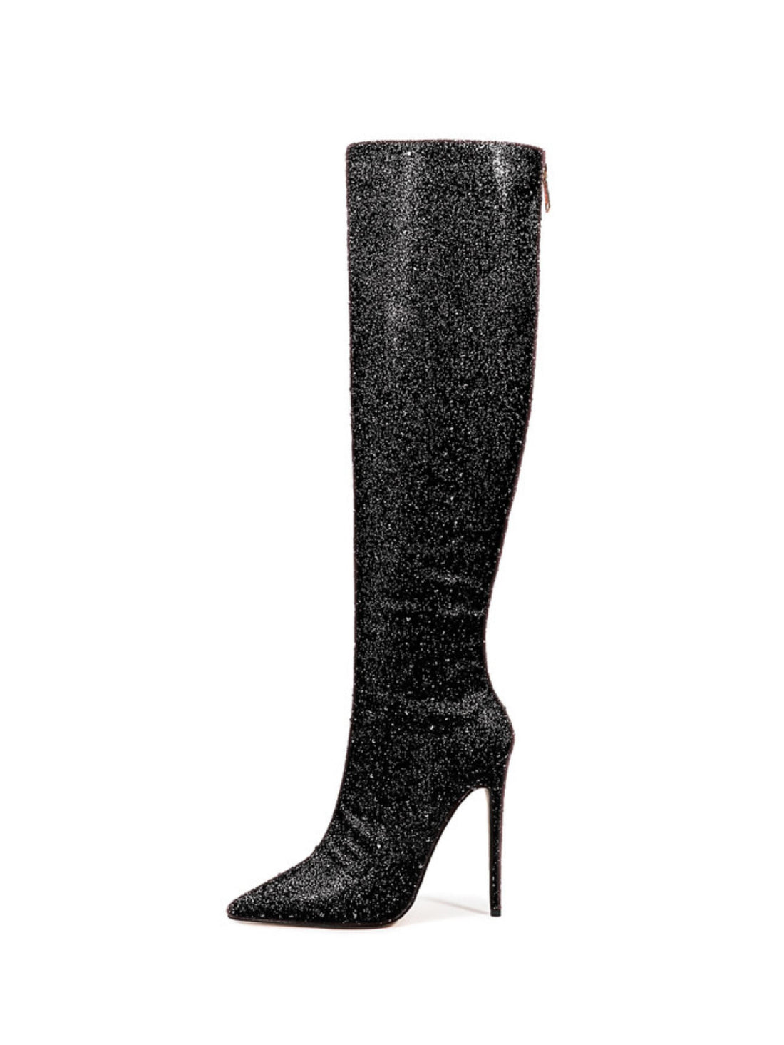 Black Glitter Pointed Toe Long Boots for Women