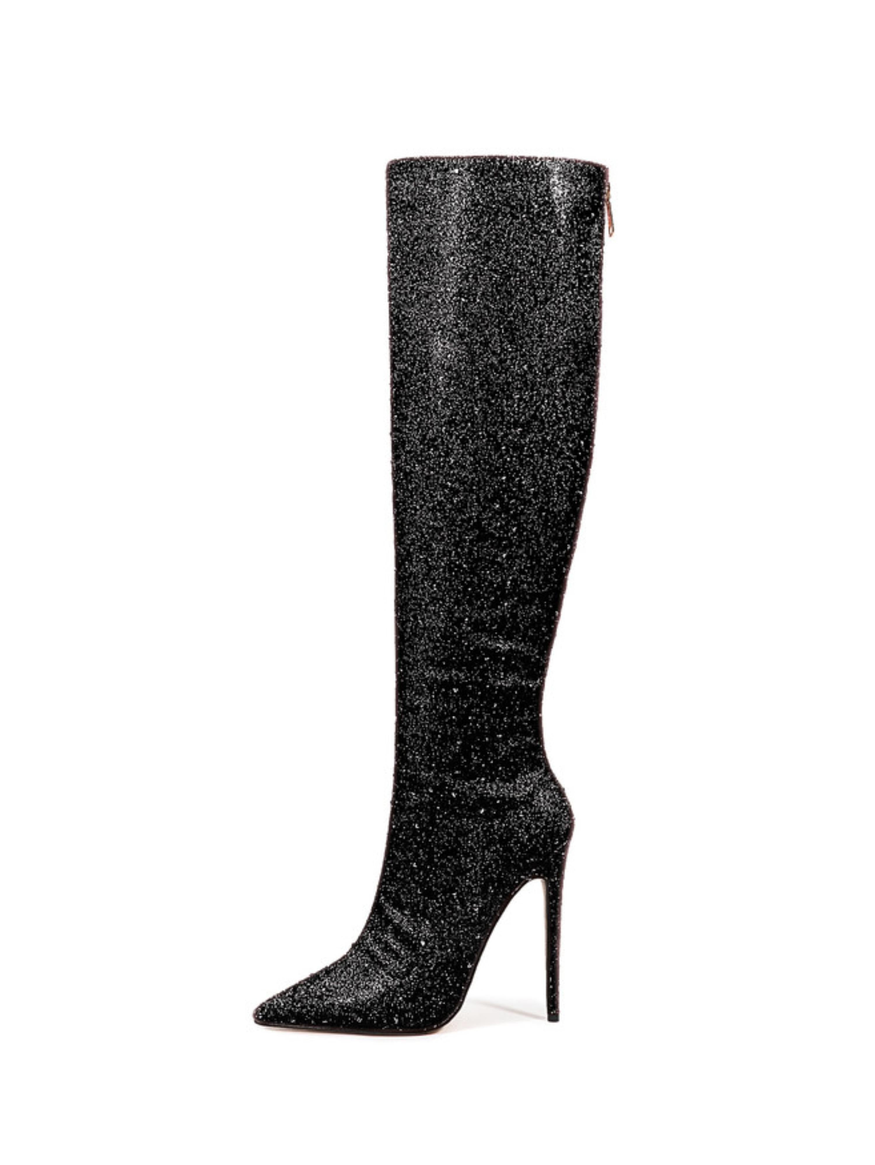 Black Glitter Pointed Toe Long Boots for Women