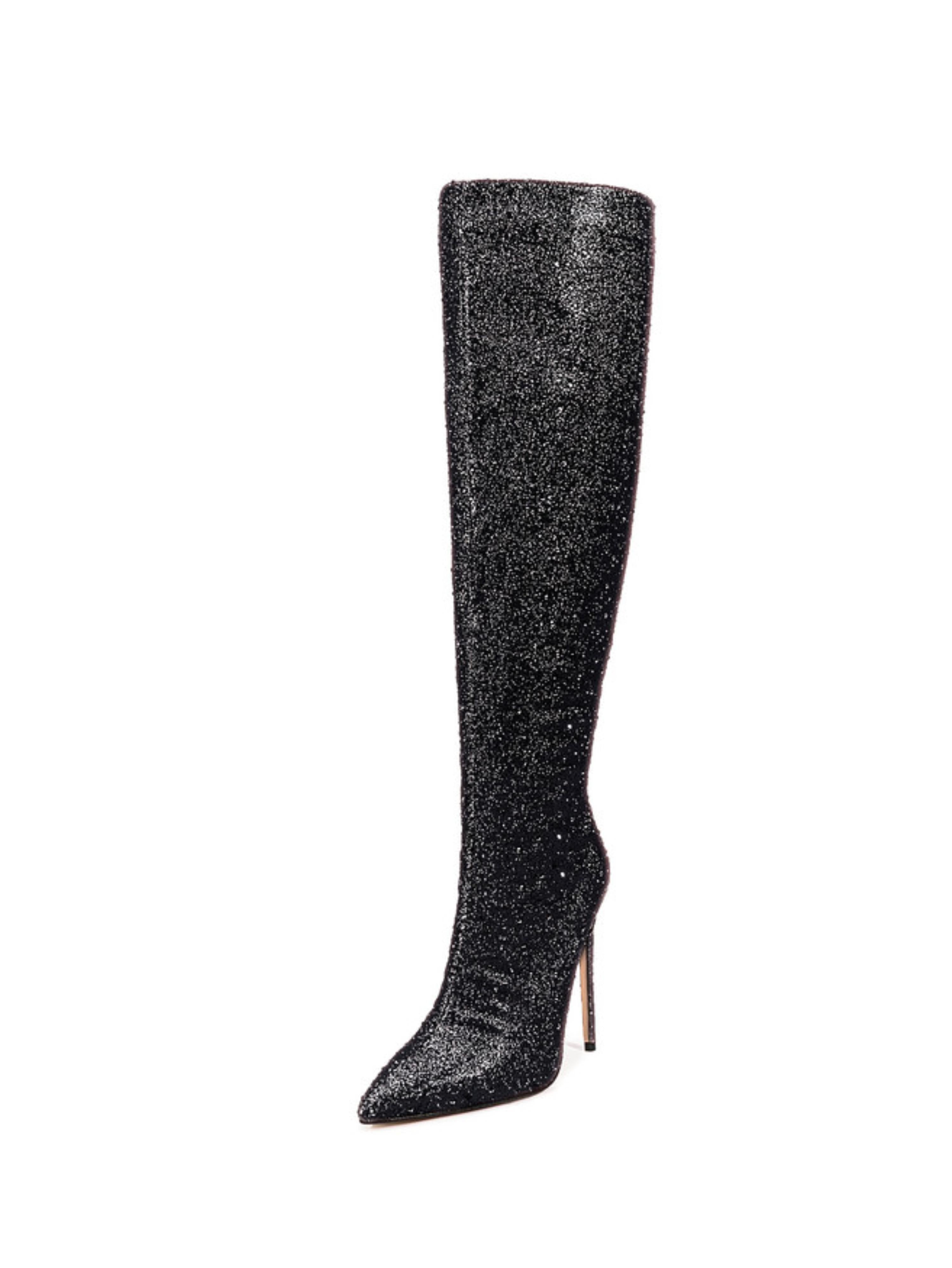 Black Glitter Pointed Toe Long Boots for Women