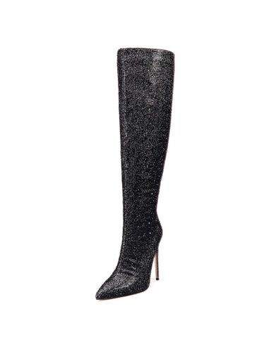Black Glitter Pointed Toe Long Boots for Women