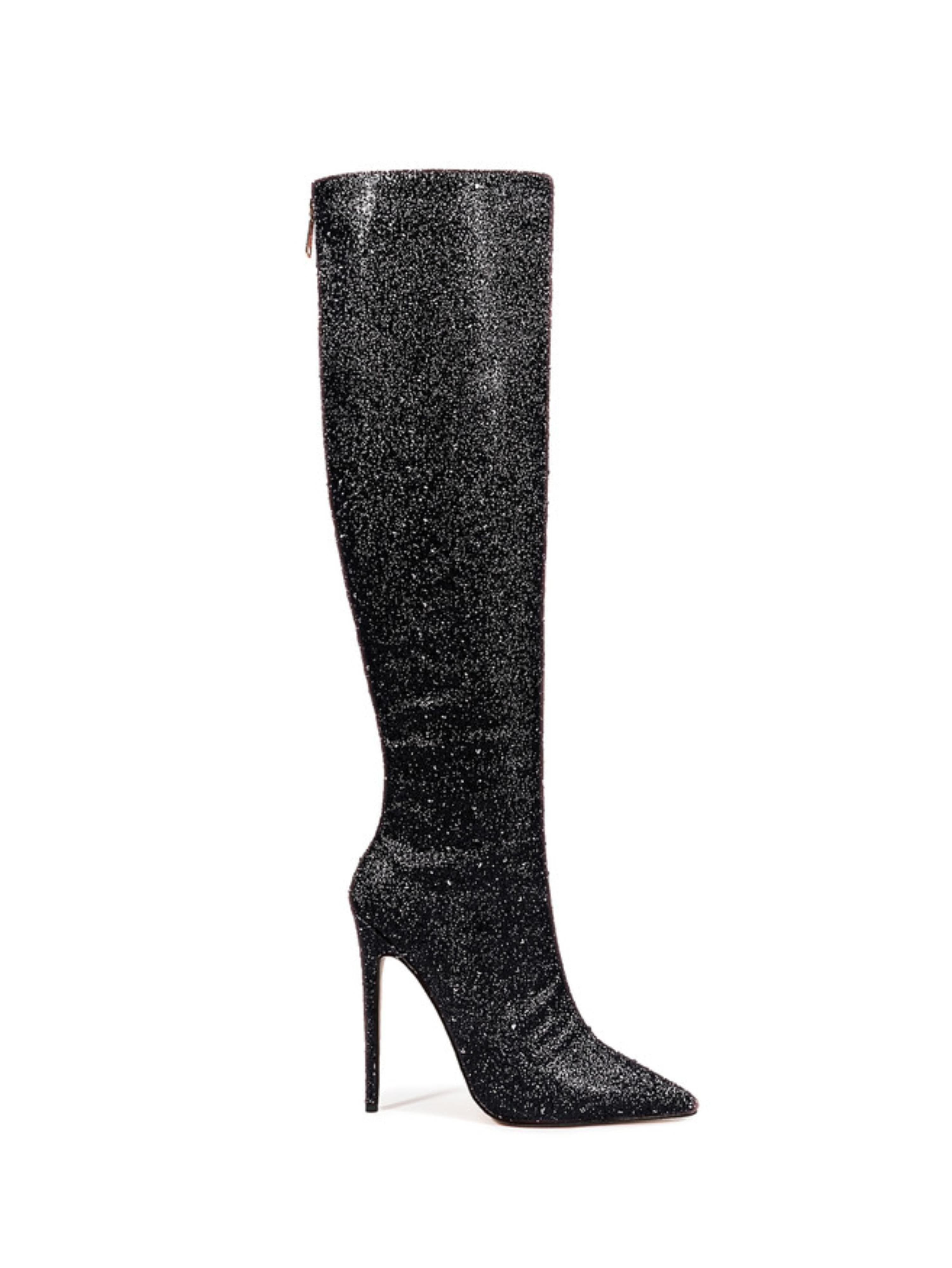 Black Glitter Pointed Toe Long Boots for Women