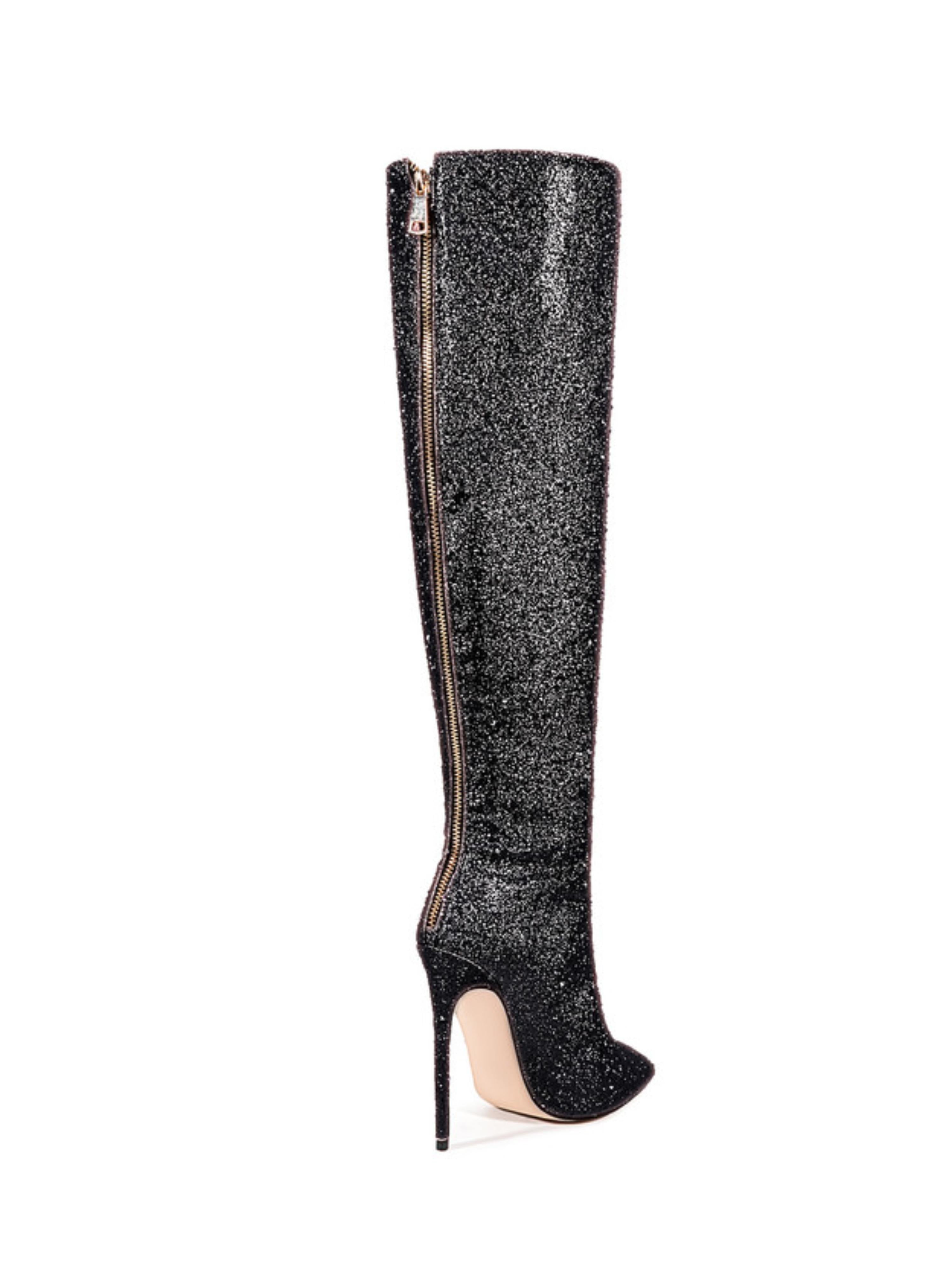 Black Glitter Pointed Toe Long Boots for Women