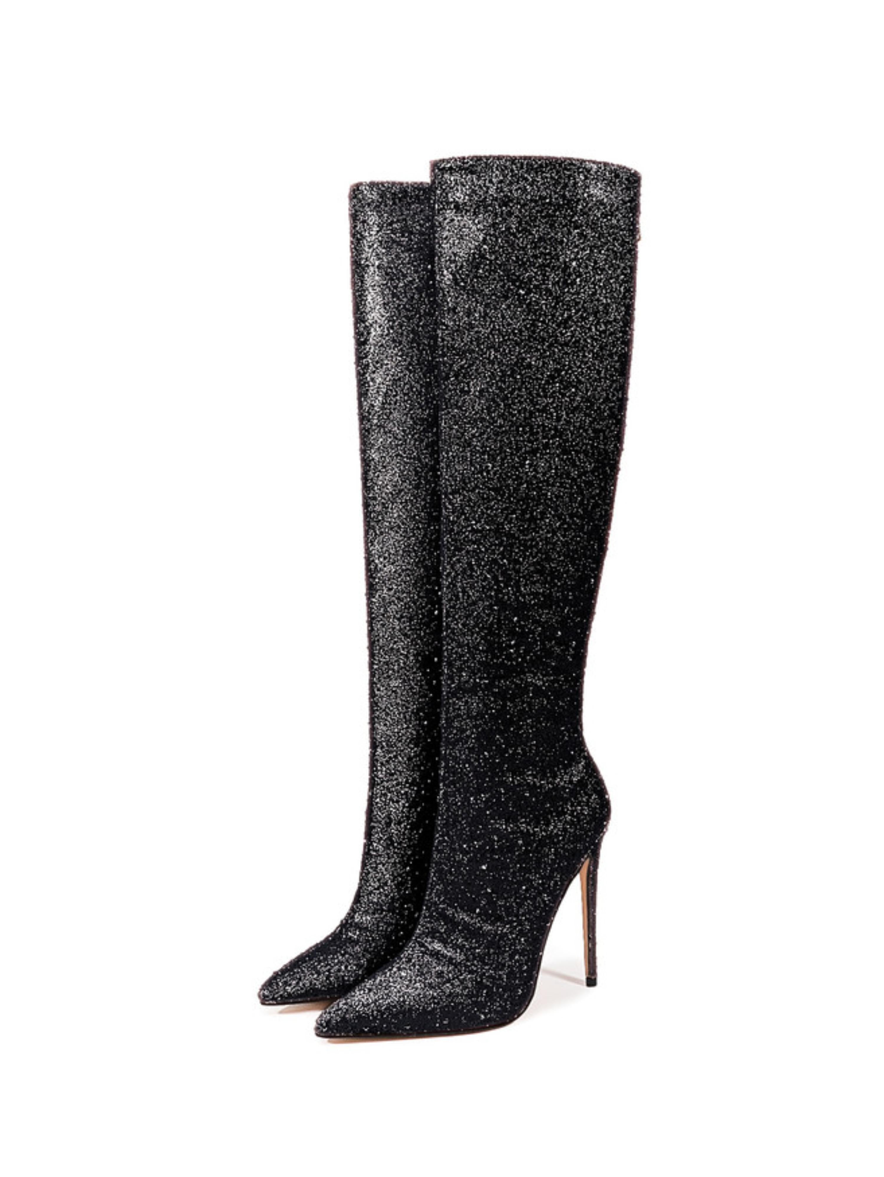 Black Glitter Pointed Toe Long Boots for Women