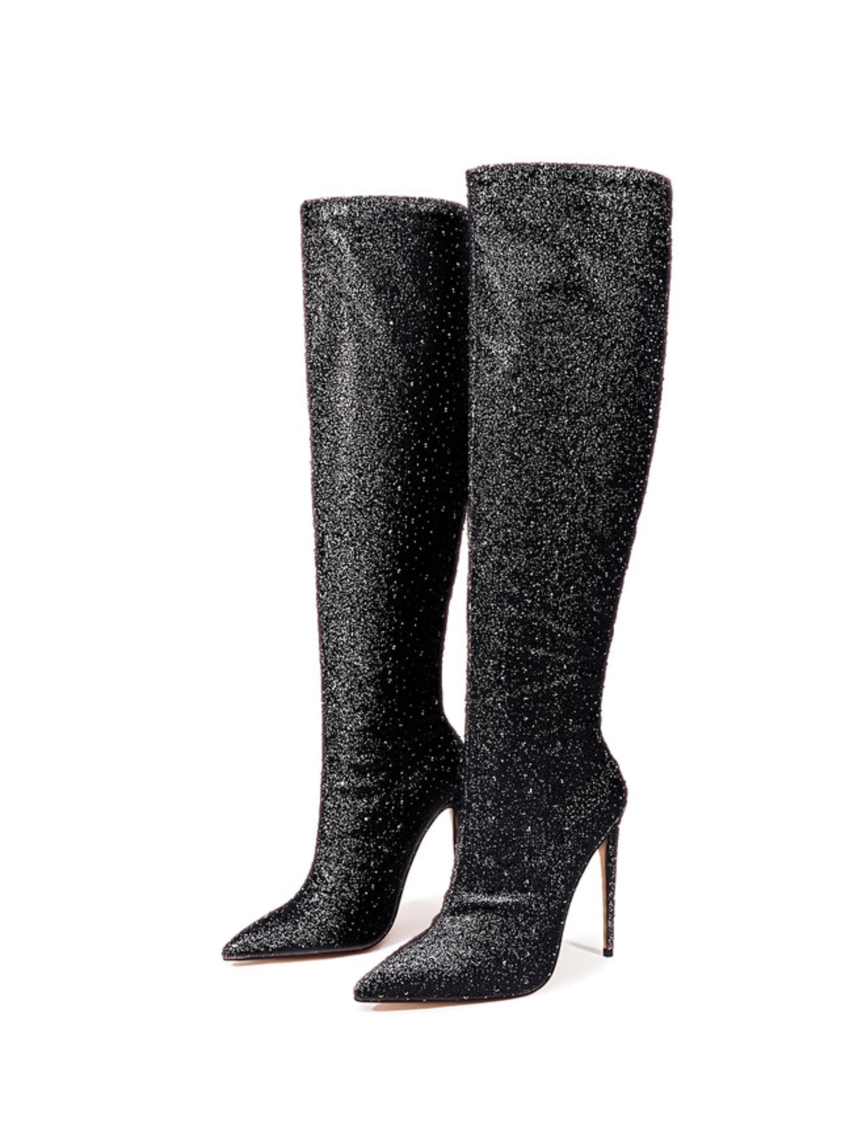Black Glitter Pointed Toe Long Boots for Women